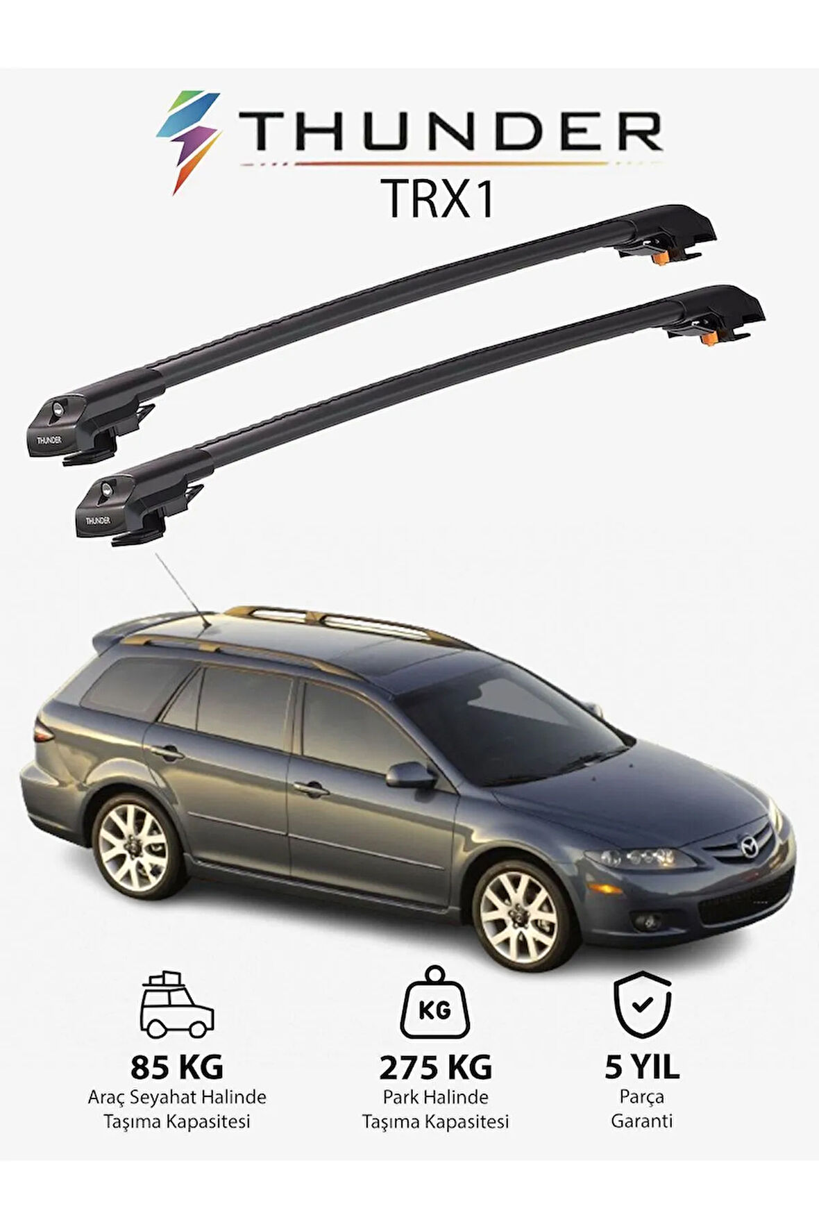 MAZDA 6 2002-2007 TRX1 Thunder Carrier Kilitli Ara Atkı Taşıyıcı Tavan Barı Gri
