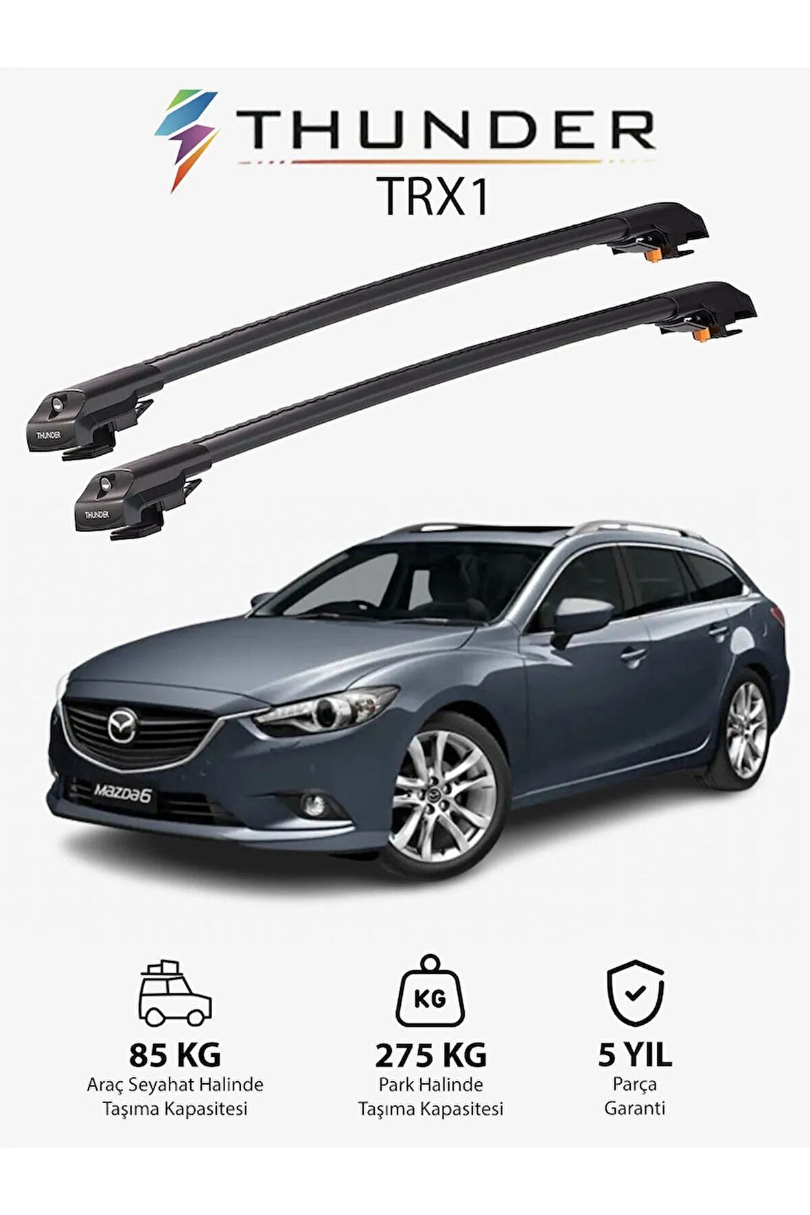 MAZDA 6 2013-Sonrası TRX1 Thunder Carrier Kilitli Ara Atkı Taşıyıcı Tavan Barı Gri