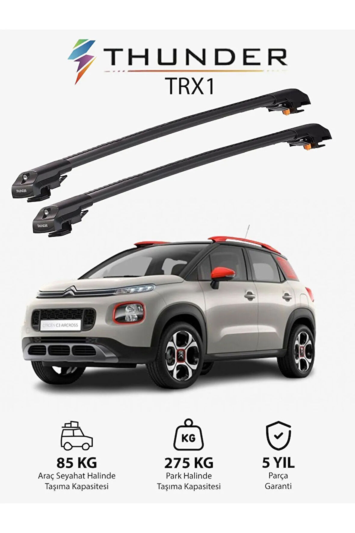 CITROEN C3 AIRCROSS 2018-Sonrası TRX1 Thunder Carrier Kilitli Ara Atkı Taşıyıcı Tavan Barı Gri