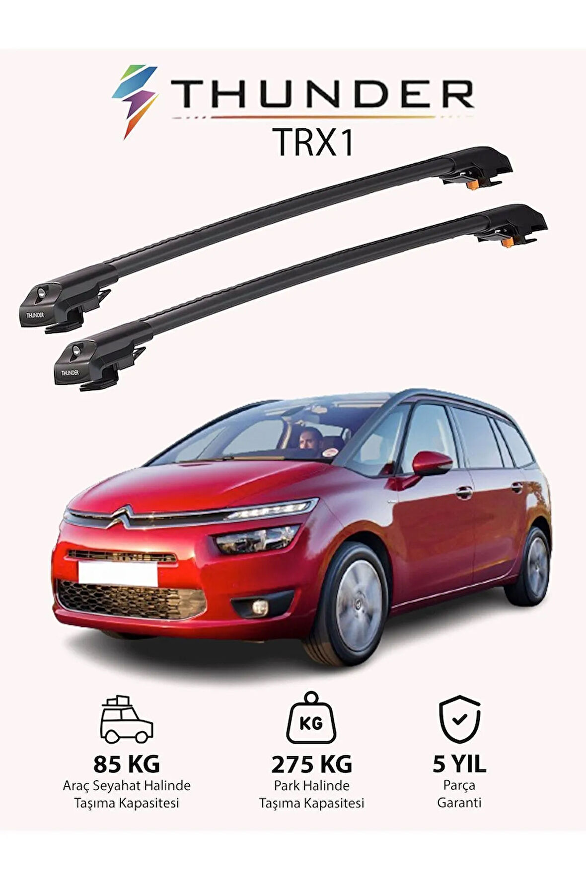 CITROEN C4 GRAND PICASSO 2014-Sonrası TRX1 Thunder Carrier Kilitli Ara Atkı Taşıyıcı Tavan Barı Gri