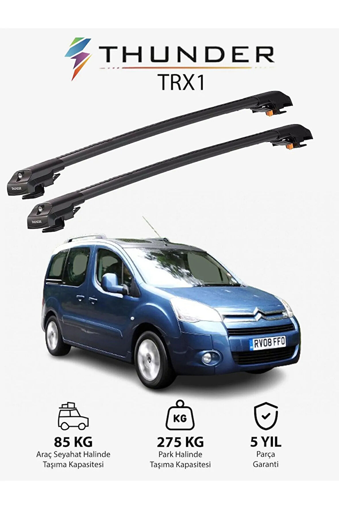 CITROEN BERLINGO 2008-2018 TRX1 Thunder Carrier Kilitli Ara Atkı Taşıyıcı Tavan Barı Gri