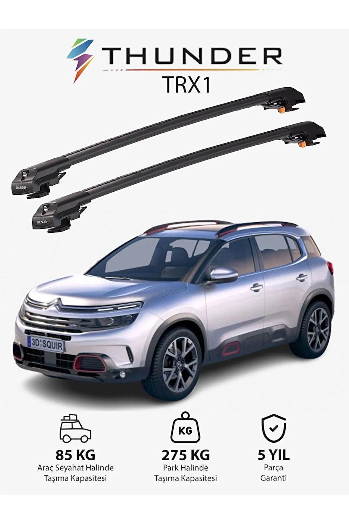 CITROEN C5 AIRCROSS 2018-Sonrası TRX1 Thunder Carrier Kilitli Ara Atkı Taşıyıcı Tavan Barı Gri