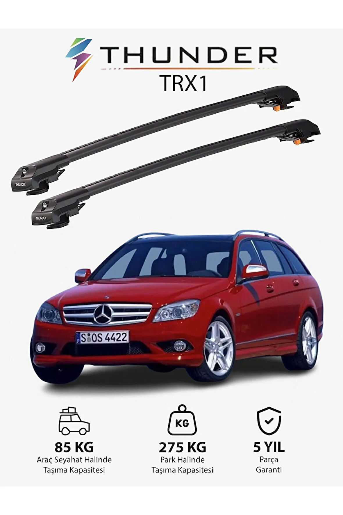 MERCEDES-BENZ C-CLASS 2008-2014 TRX1 Thunder Carrier Kilitli Ara Atkı Taşıyıcı Tavan Barı Gri