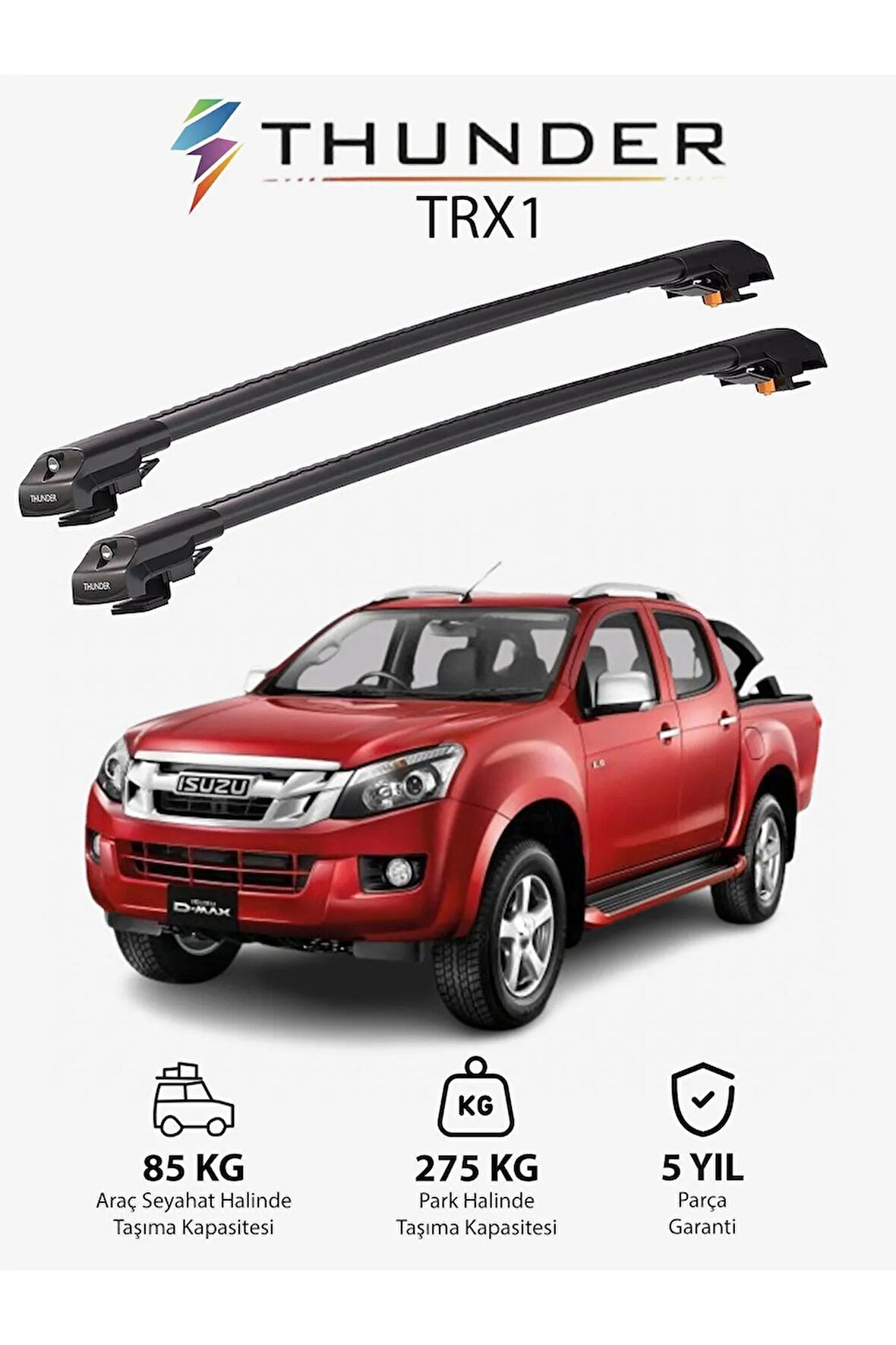 ISUZU D-MAX 2012-2015 TRX1 Thunder Carrier Kilitli Ara Atkı Taşıyıcı Tavan Barı Gri