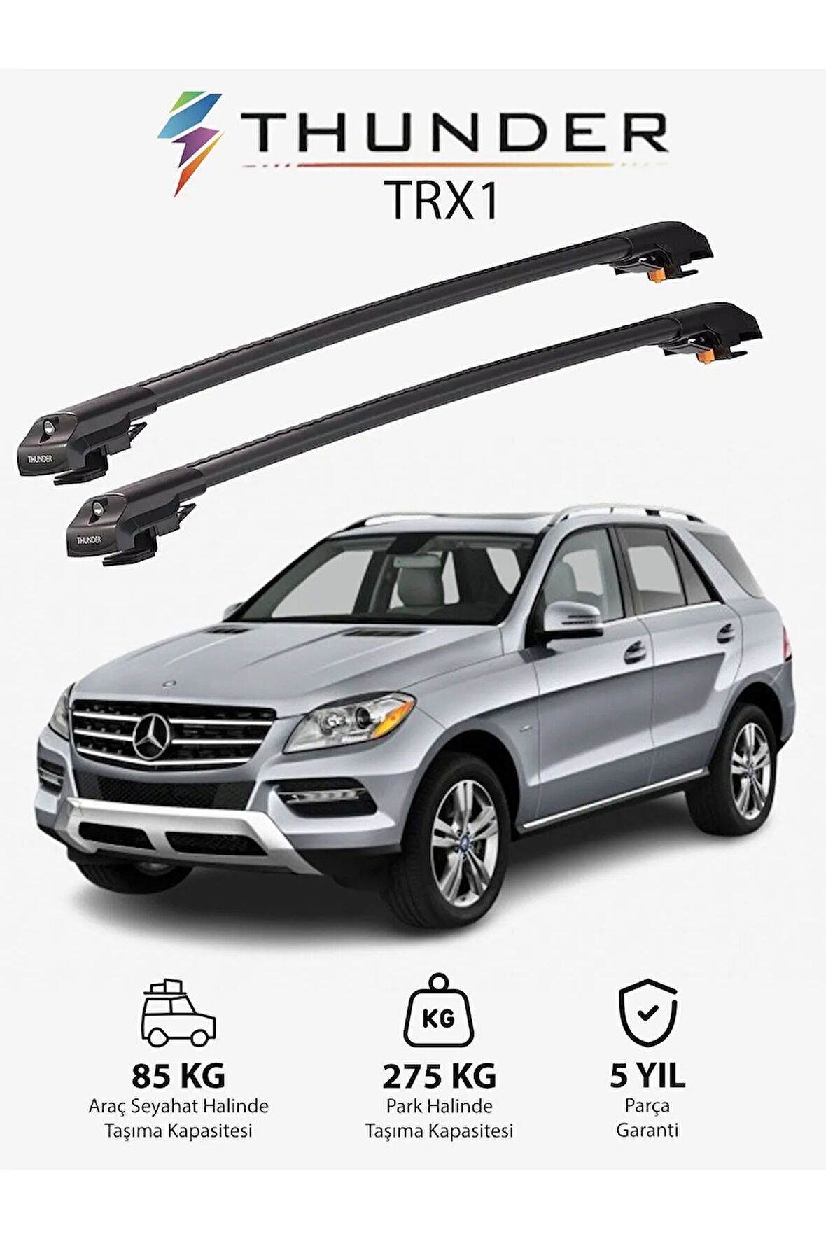 MERCEDES-BENZ M-CLASS 2012-2019 TRX1 Thunder Carrier Kilitli Ara Atkı Taşıyıcı Tavan Barı Gri