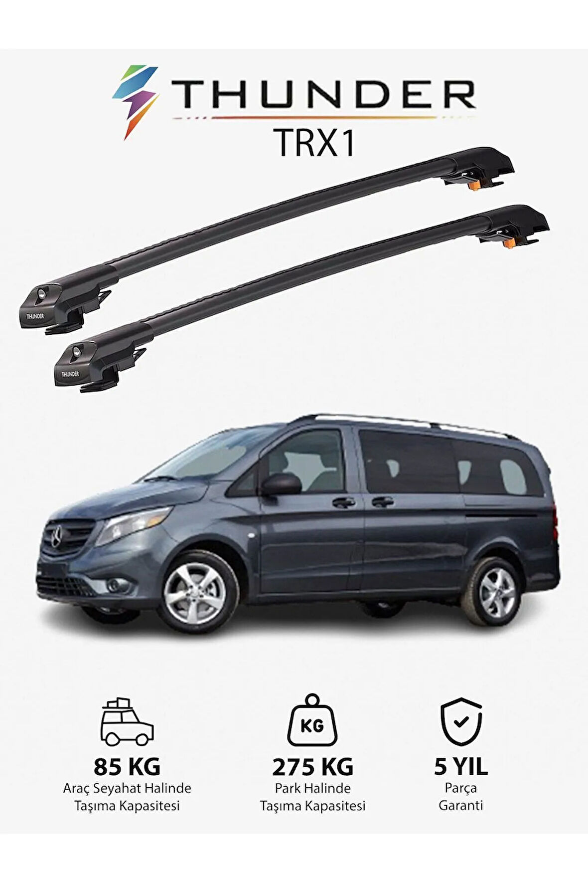 MERCEDES-BENZ METRIS 2015-Sonrası TRX1 Thunder Carrier Kilitli Ara Atkı Taşıyıcı Tavan Barı Gri