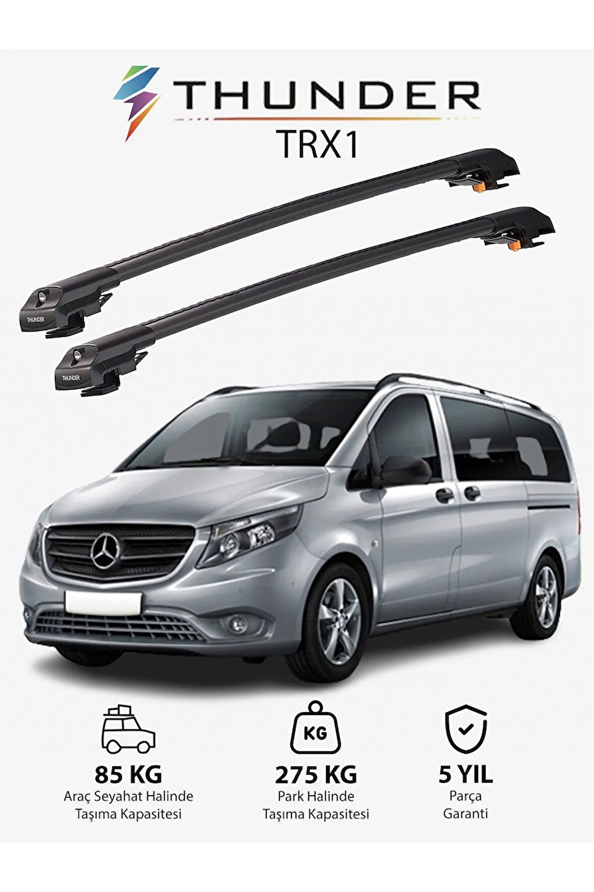 MERCEDES-BENZ TOURER 2015-Sonrası TRX1 Thunder Carrier Kilitli Ara Atkı Taşıyıcı Tavan Barı Gri