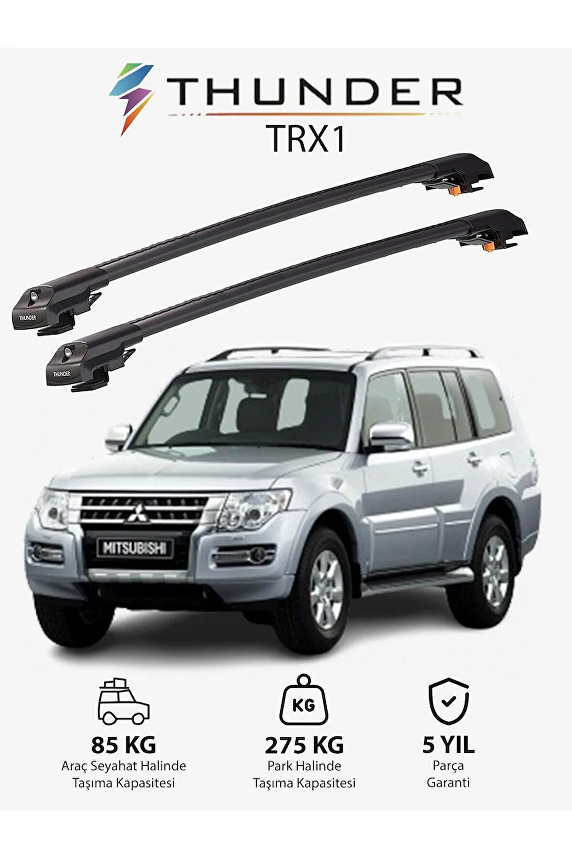MITSUBISHI PAJERO SPORT 1996-2008 TRX1 Thunder Carrier Kilitli Ara Atkı Taşıyıcı Tavan Barı Gri
