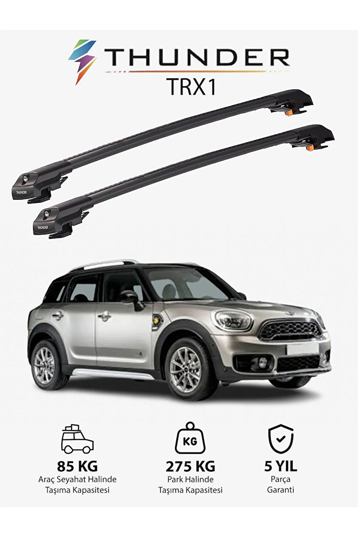 MINI COUNTRYMAN 2017-Sonrası TRX1 Thunder Carrier Kilitli Ara Atkı Taşıyıcı Tavan Barı Gri