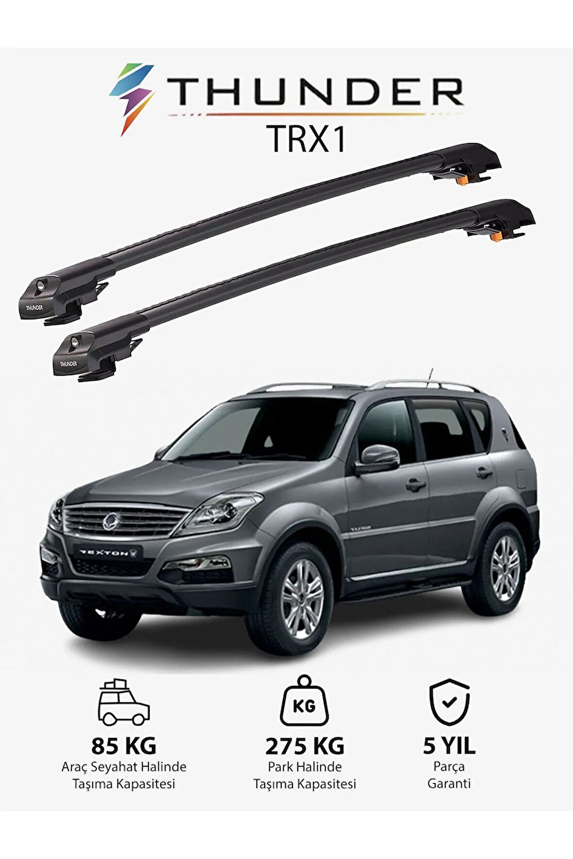SSANGYONG REXTON 2006-2012 TRX1 Thunder Carrier Kilitli Ara Atkı Taşıyıcı Tavan Barı Gri