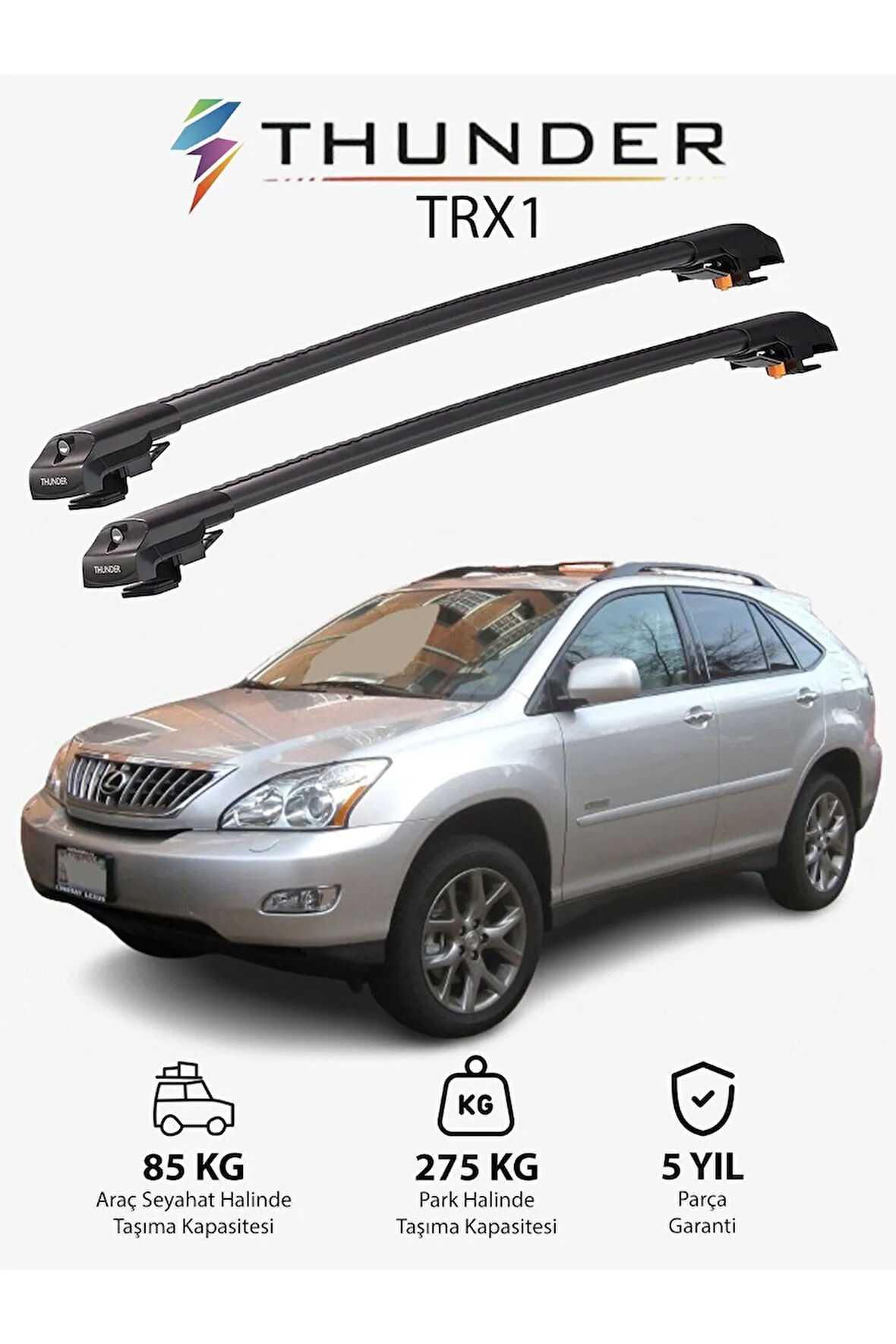 LEXUS RX 2004-2009 TRX1 Thunder Carrier Kilitli Ara Atkı Taşıyıcı Tavan Barı Gri