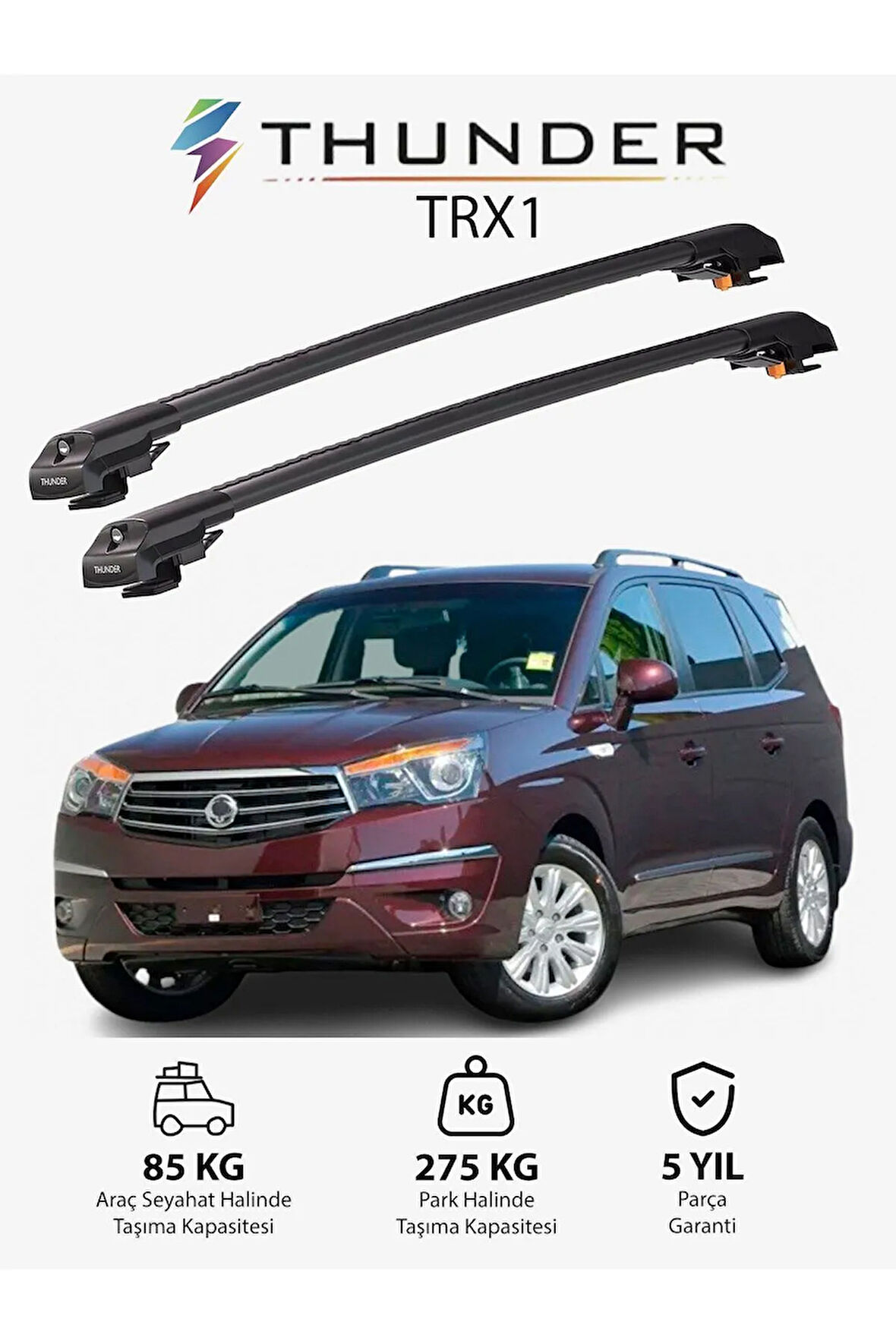 SSANGYONG STAVIC 2004-2012 TRX1 Thunder Carrier Kilitli Ara Atkı Taşıyıcı Tavan Barı Gri