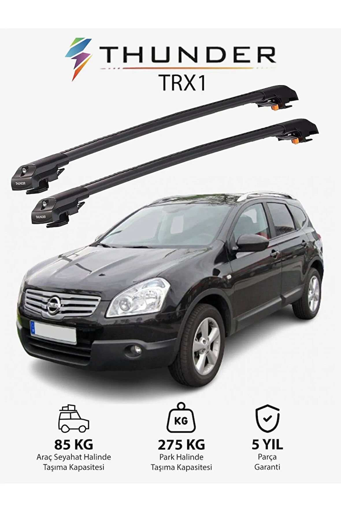 NISSAN QASHQAI 2007-2013 TRX1 Thunder Carrier Kilitli Ara Atkı Taşıyıcı Tavan Barı Siyah