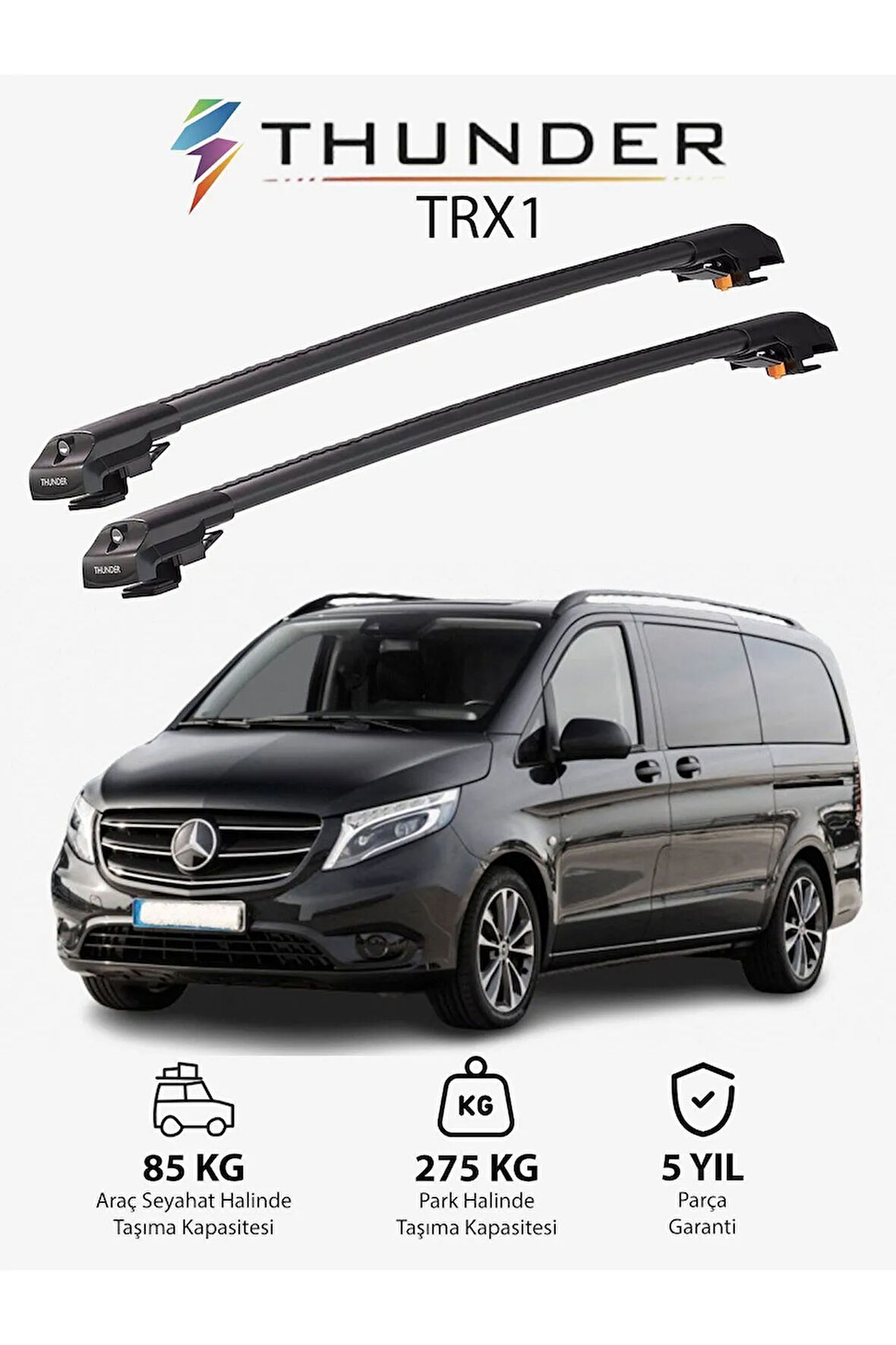 MERCEDES-BENZ VIANO 2015-Sonrası TRX1 Thunder Carrier Kilitli Ara Atkı Taşıyıcı Tavan Barı Siyah