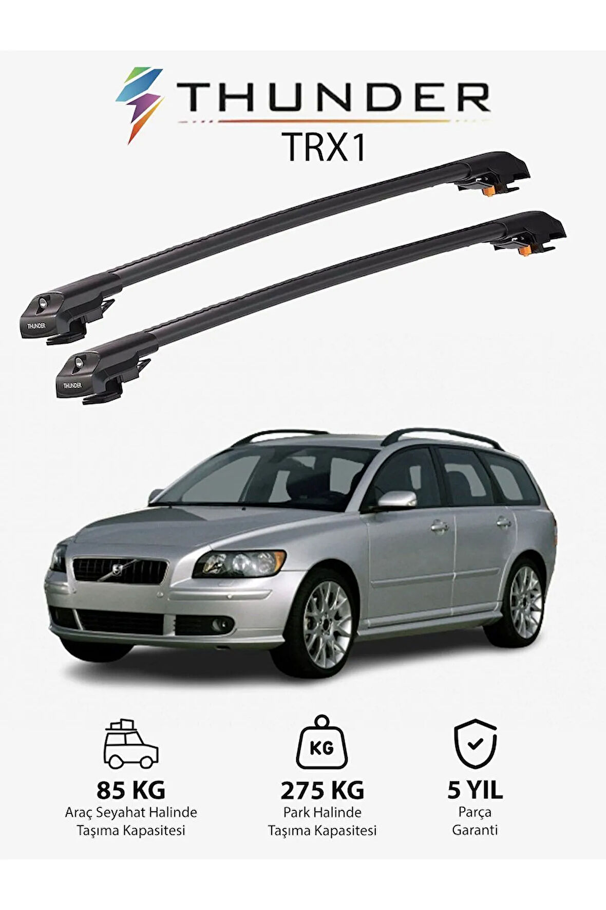 VOLVO V50 2004-2012 TRX1 Thunder Carrier Kilitli Ara Atkı Taşıyıcı Tavan Barı Siyah