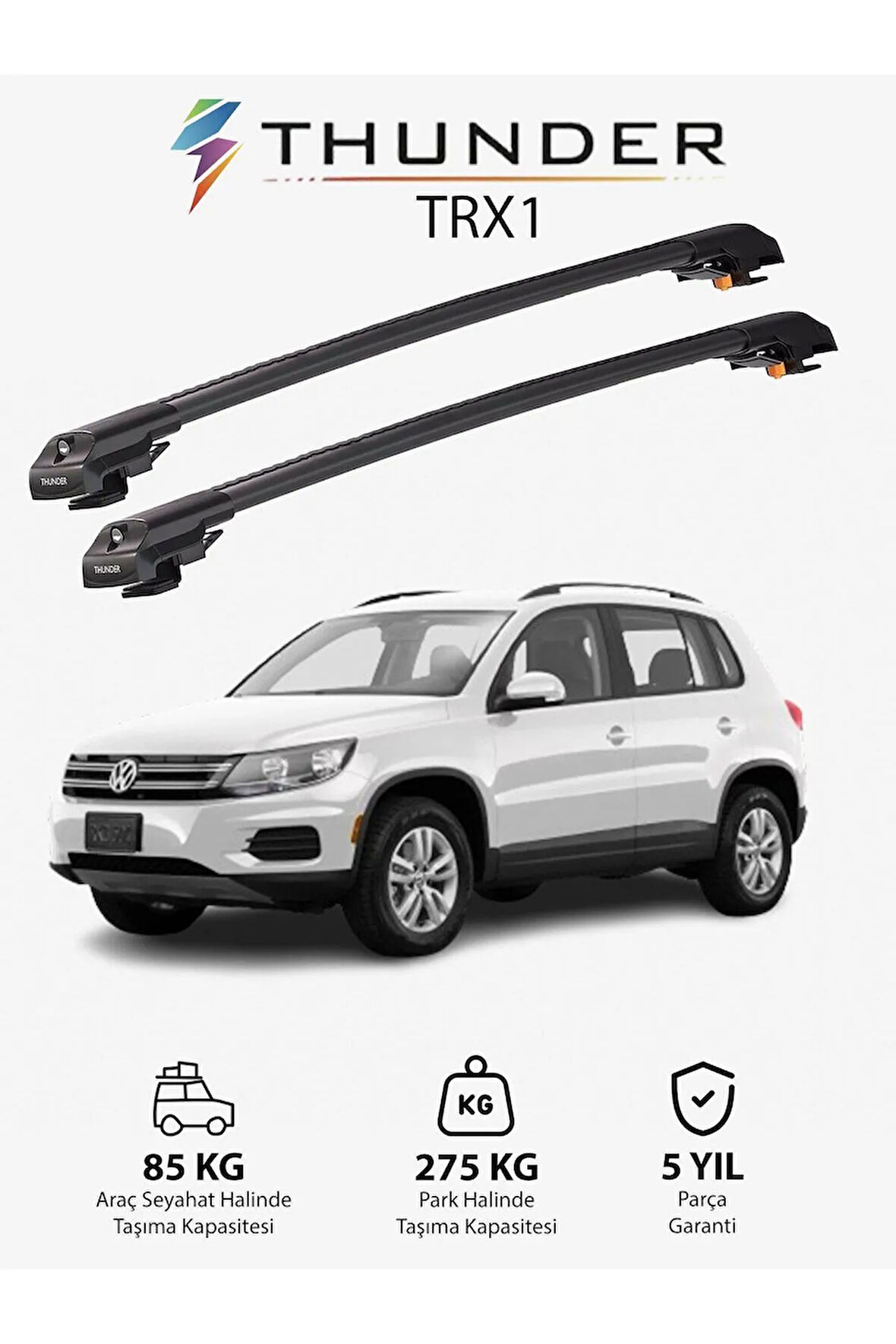 VOLKSWAGEN TIGUAN 2016-Sonrası TRX1 Thunder Carrier Kilitli Ara Atkı Taşıyıcı Tavan Barı Siyah