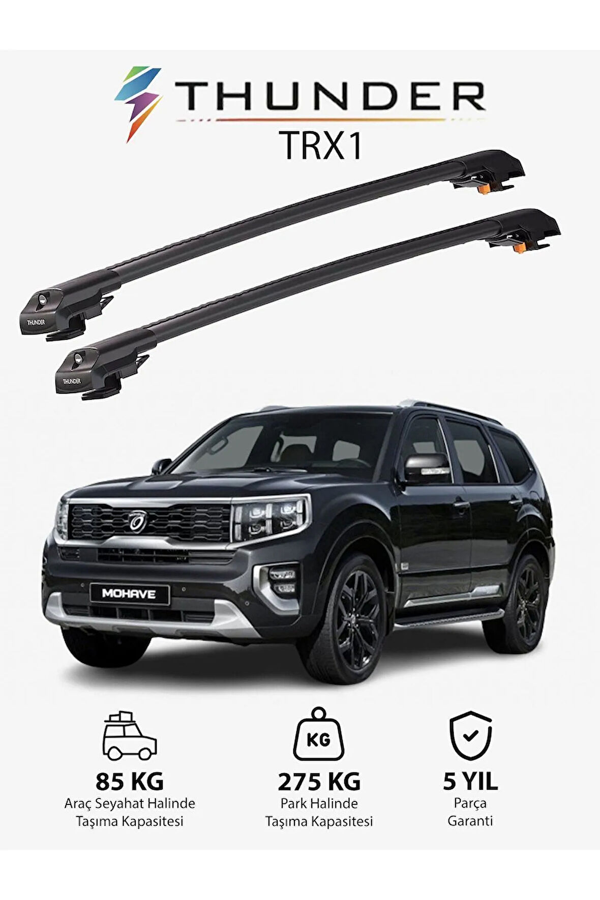 KIA MOHAVE 2020-Sonrası TRX1 Thunder Carrier Kilitli Ara Atkı Taşıyıcı Tavan Barı Siyah