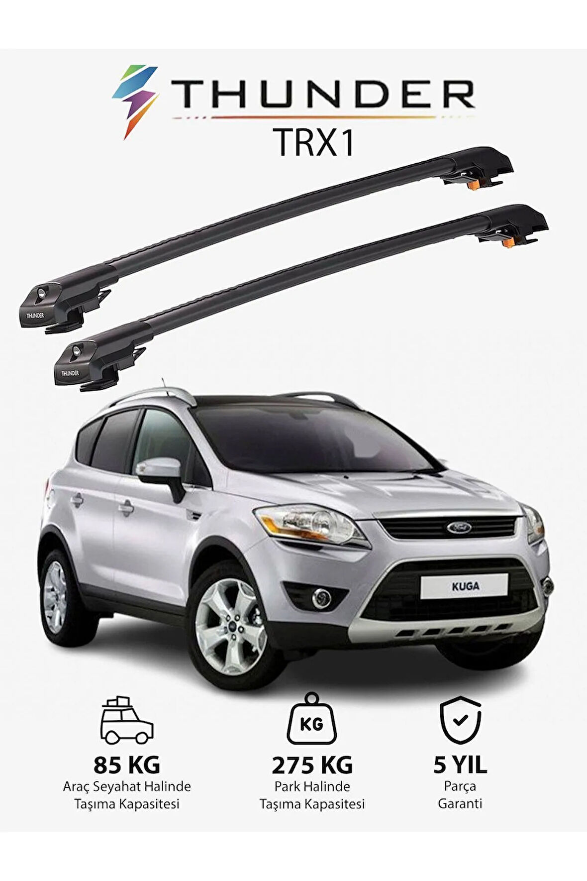 FORD KUGA 2008-2012 TRX1 Thunder Carrier Kilitli Ara Atkı Taşıyıcı Tavan Barı Siyah