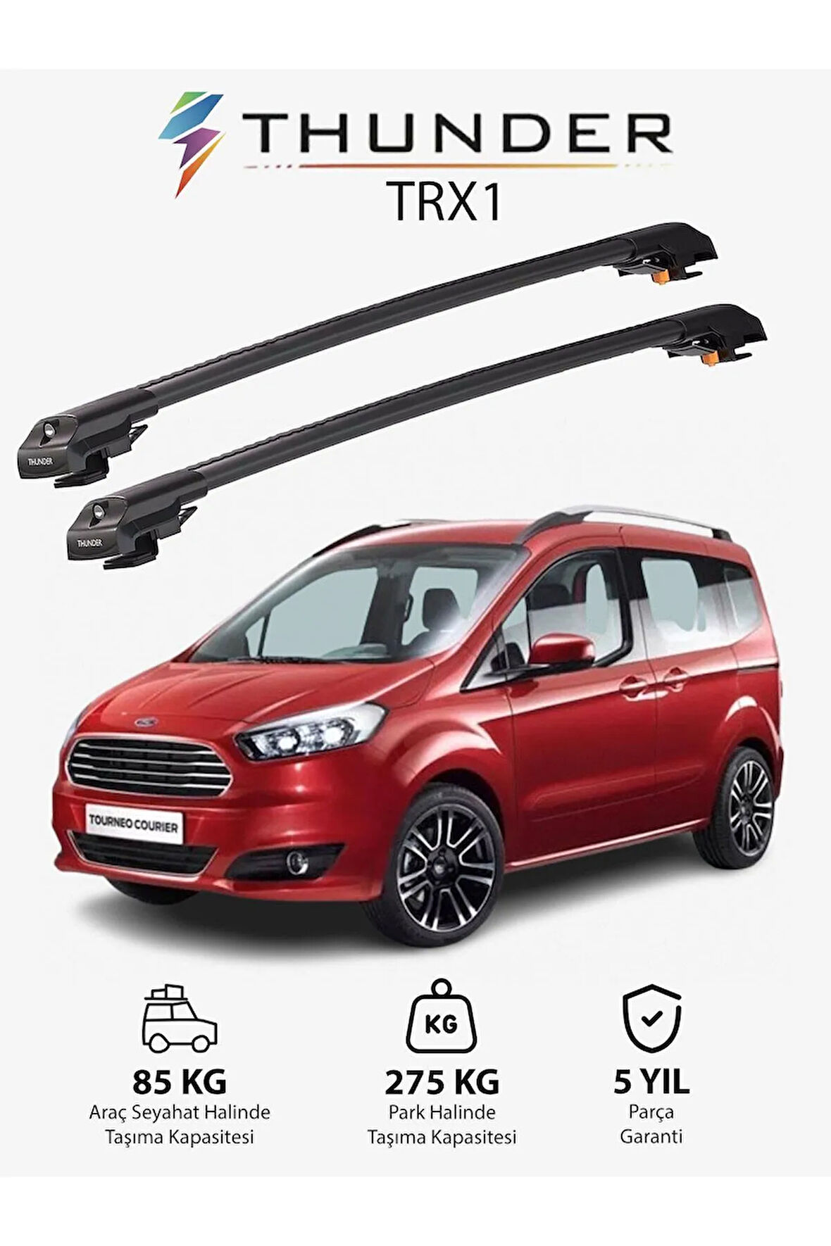 FORD COURIER 2014-2022 TRX1 Thunder Carrier Kilitli Ara Atkı Taşıyıcı Tavan Barı Siyah