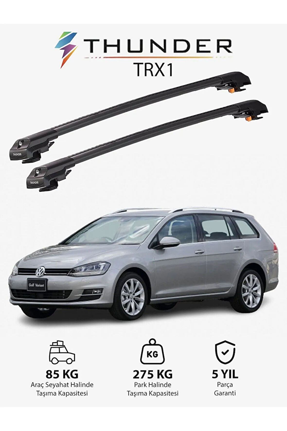 VOLKSWAGEN GOLF VARIANT 2012-Sonrası TRX1 Thunder Carrier Kilitli Ara Atkı Taşıyıcı Tavan Barı Siyah