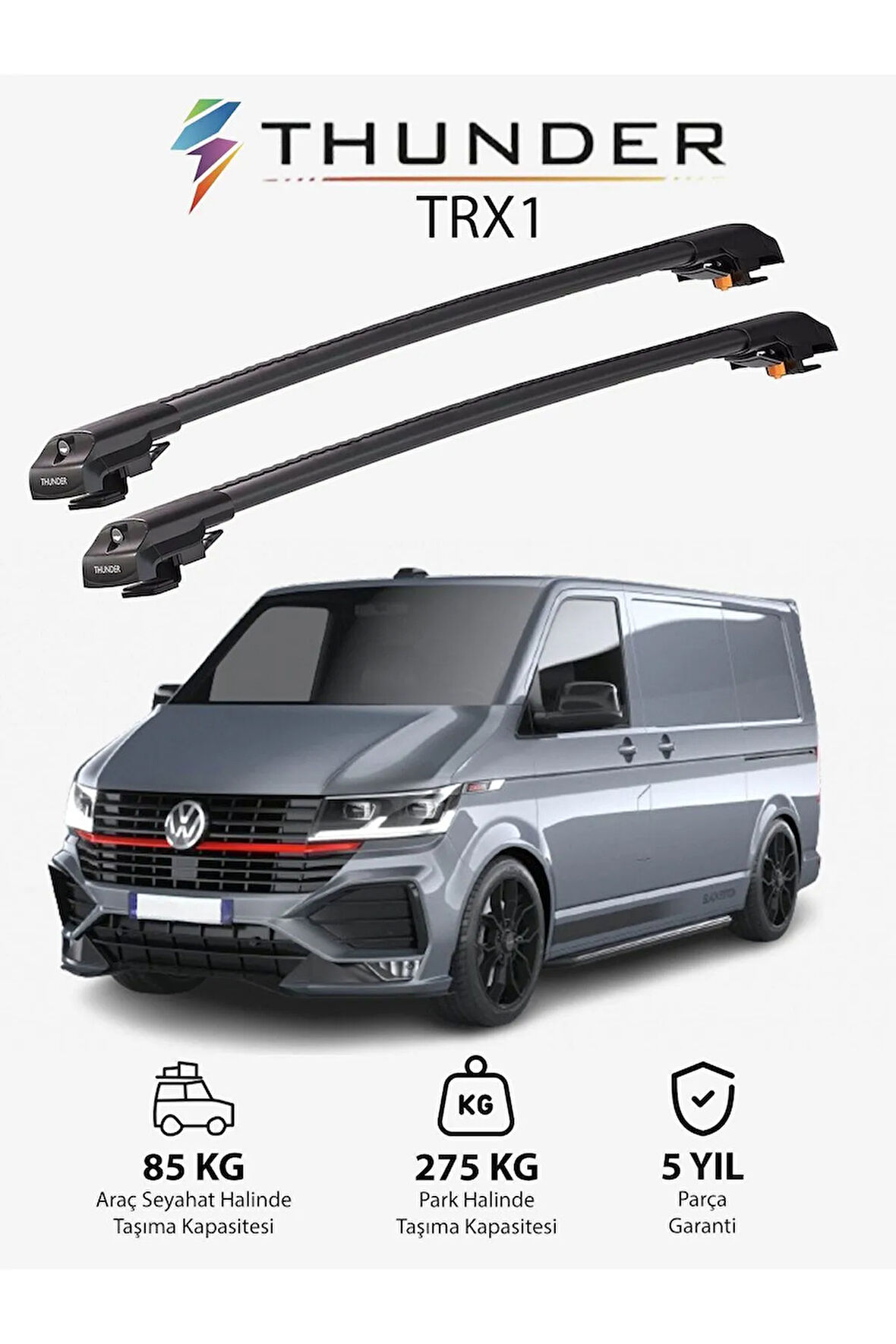 VOLKSWAGEN TRANSPORTER 2016-2022 TRX1 Thunder Carrier Kilitli Ara Atkı Taşıyıcı Tavan Barı Siyah