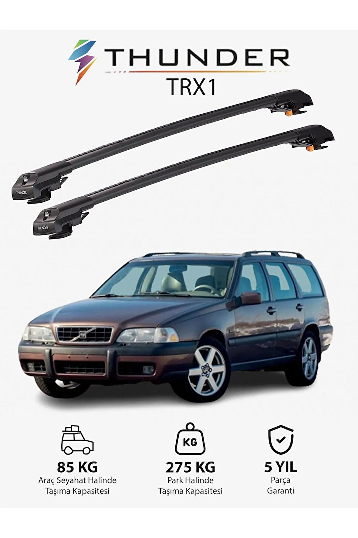 VOLVO XC70 1998-2000 TRX1 Thunder Carrier Kilitli Ara Atkı Taşıyıcı Tavan Barı Siyah