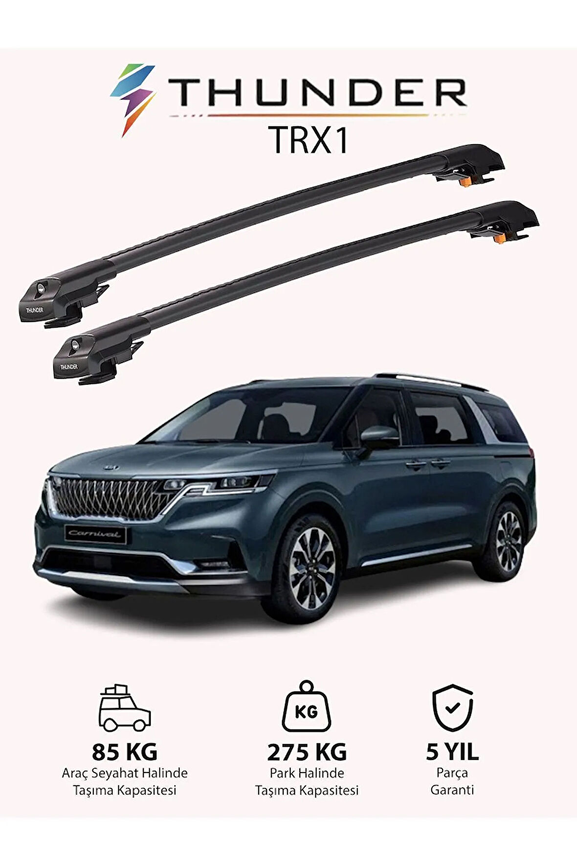 KIA CARNIVAL 2021-Sonrası TRX1 Thunder Carrier Kilitli Ara Atkı Taşıyıcı Tavan Barı Siyah