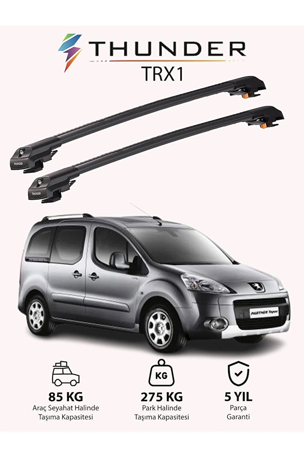 PEUGEOT TEPEE PARTNER 2008-2018 TRX1 Thunder Carrier Kilitli Ara Atkı Taşıyıcı Tavan Barı Siyah