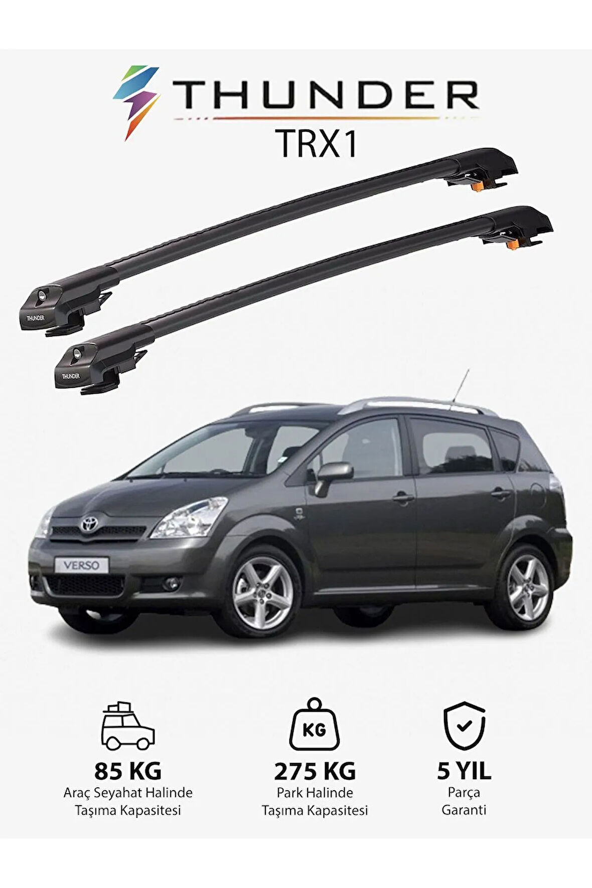TOYOTA COROLLA VERSO 2004-2008 TRX1 Thunder Carrier Kilitli Ara Atkı Taşıyıcı Tavan Barı Siyah