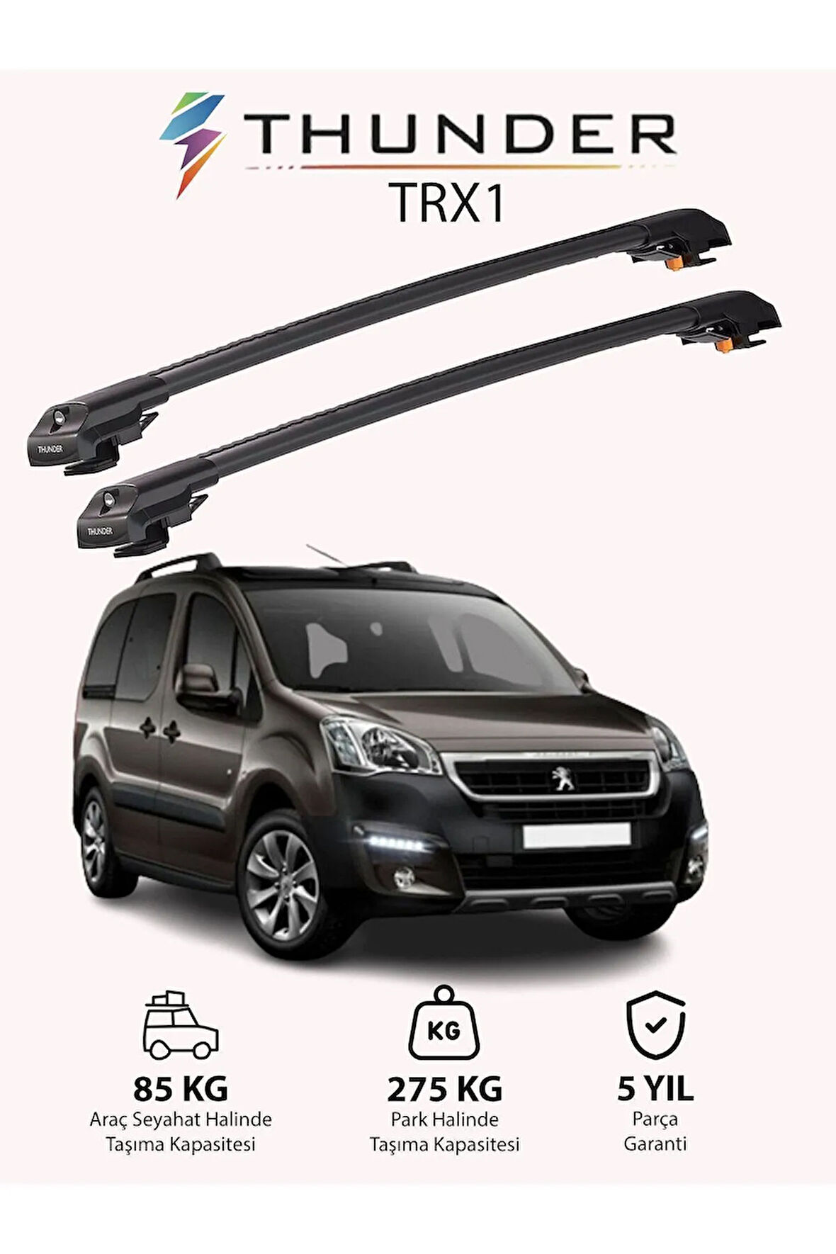 PEUGEOT PARTNER 2019-Sonrası TRX1 Thunder Carrier Kilitli Ara Atkı Taşıyıcı Tavan Barı Siyah