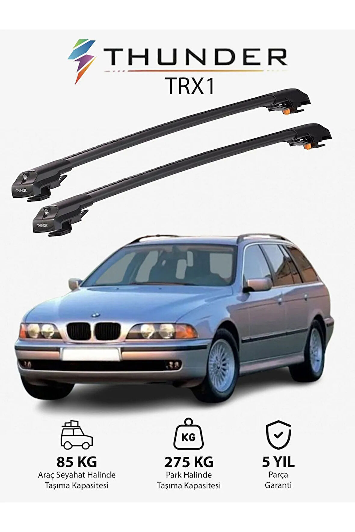 BMW 5 TOURING 1996-2003 TRX1 Thunder Carrier Kilitli Ara Atkı Taşıyıcı Tavan Barı Siyah