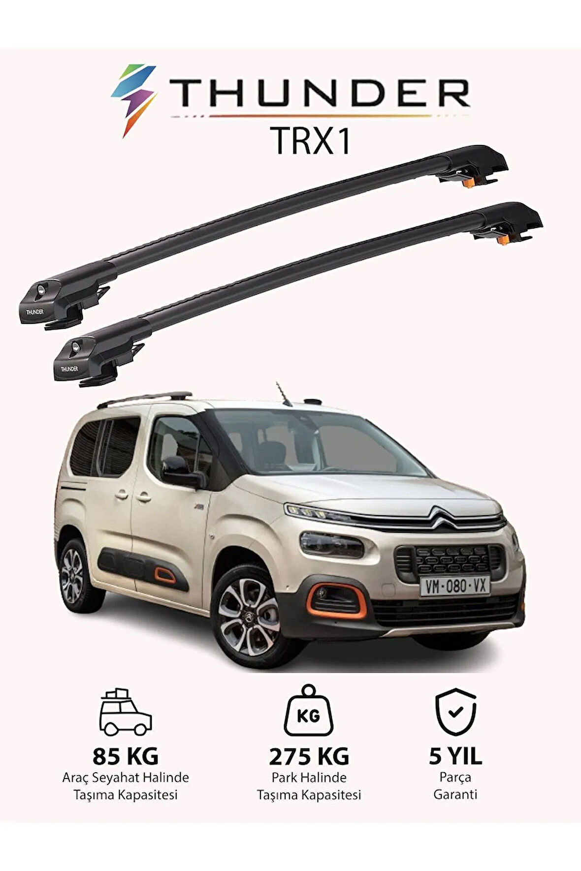 CITROEN BERLINGO 2019-Sonrası TRX1 Thunder Carrier Kilitli Ara Atkı Taşıyıcı Tavan Barı Siyah