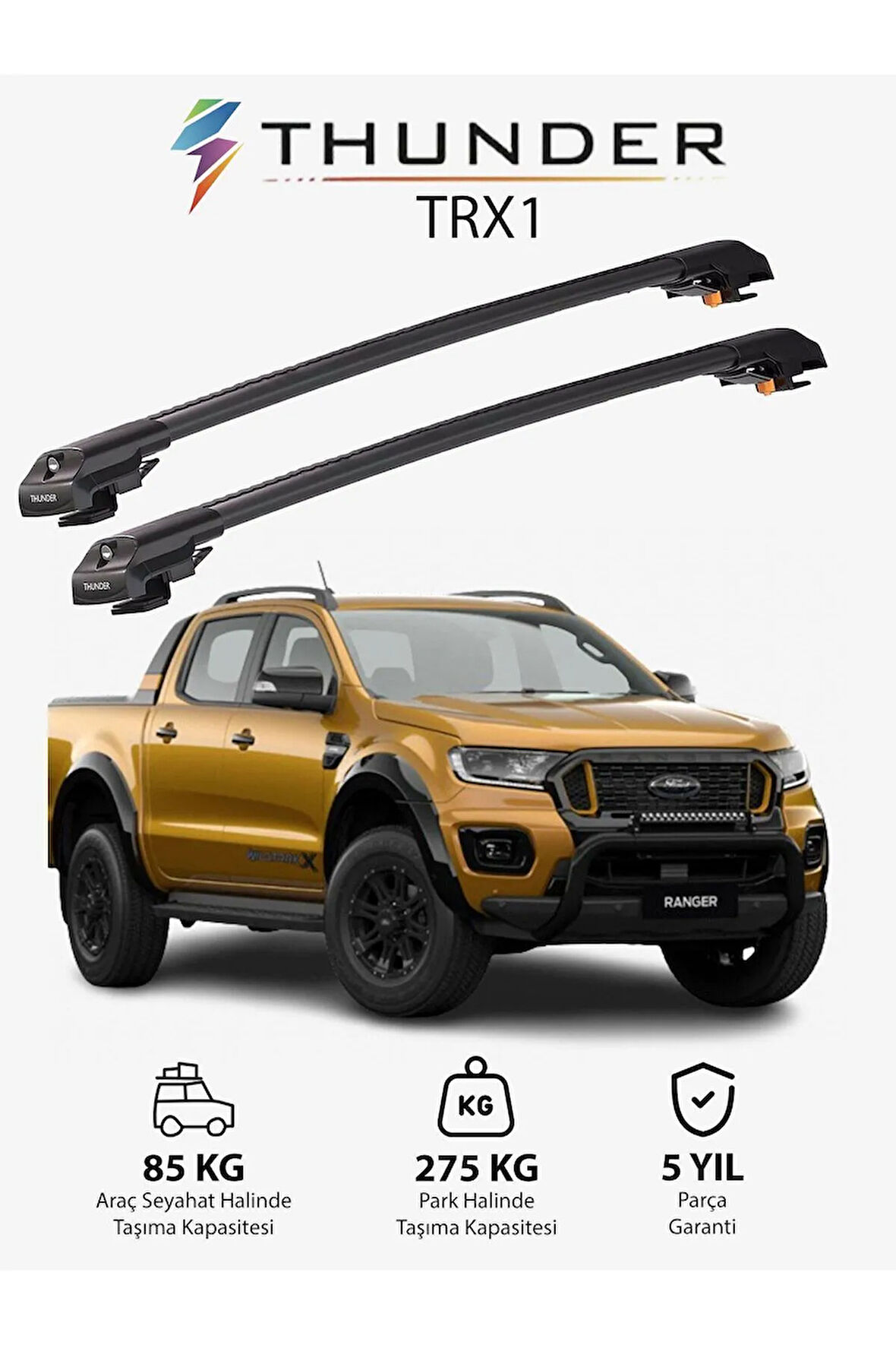 FORD RANGER 2011-2022 TRX1 Thunder Carrier Kilitli Ara Atkı Taşıyıcı Tavan Barı Siyah