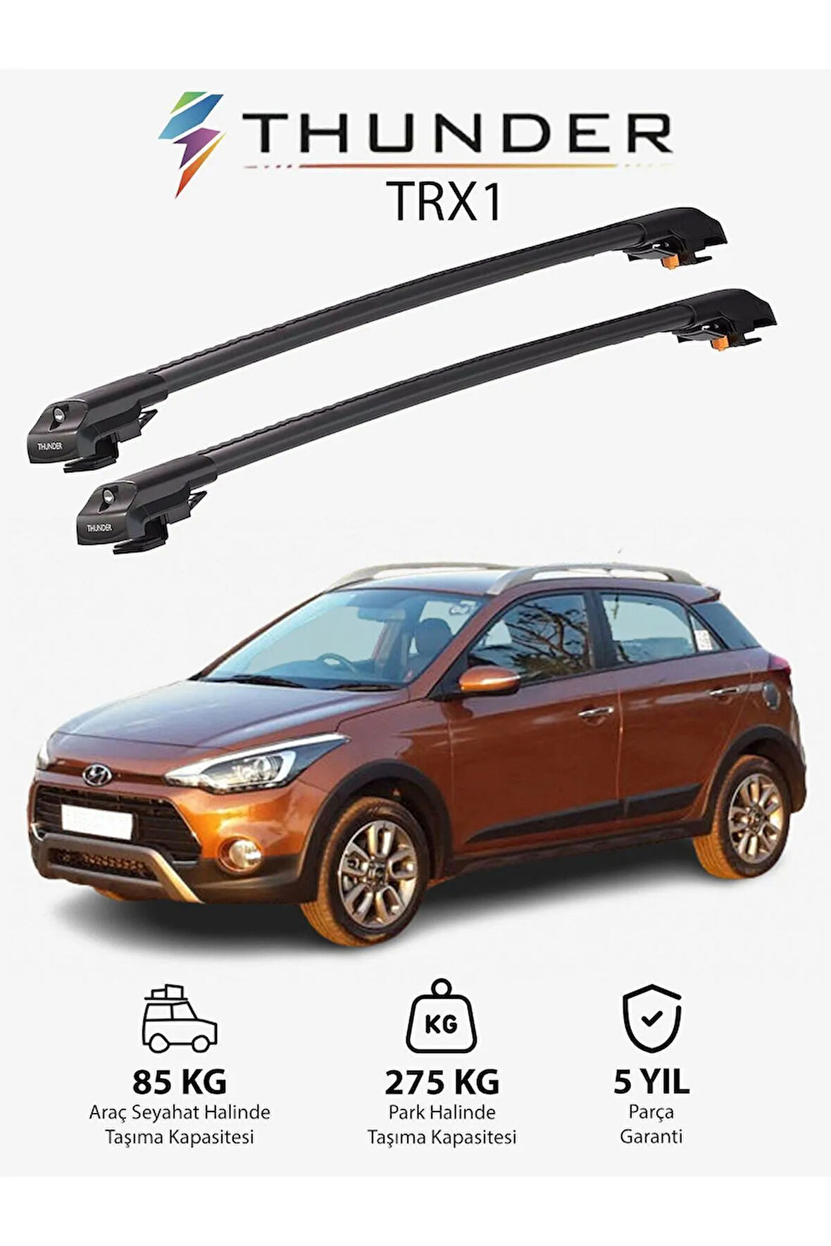 HYUNDAI i20 ACTIVE 2015-Sonrası TRX1 Thunder Carrier Kilitli Ara Atkı Taşıyıcı Tavan Barı Siyah