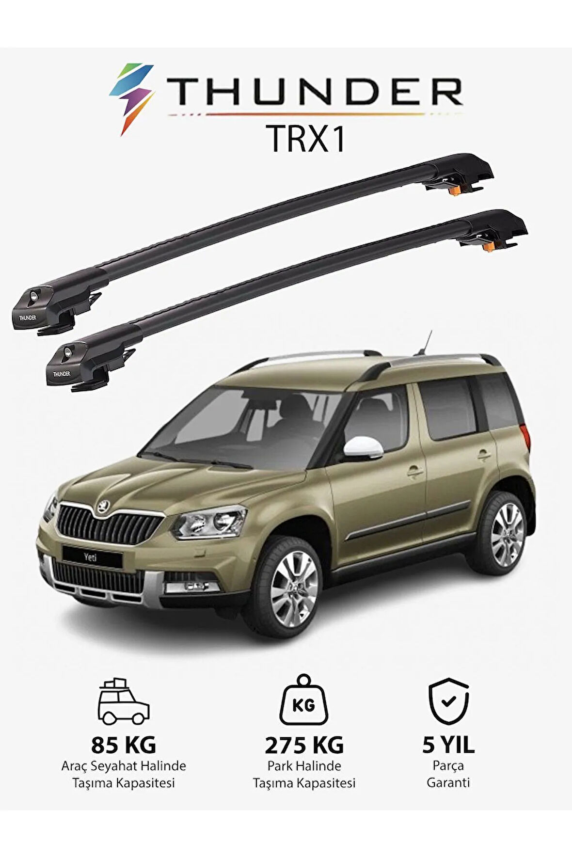 SKODA YETI 2009-2017 TRX1 Thunder Carrier Kilitli Ara Atkı Taşıyıcı Tavan Barı Siyah