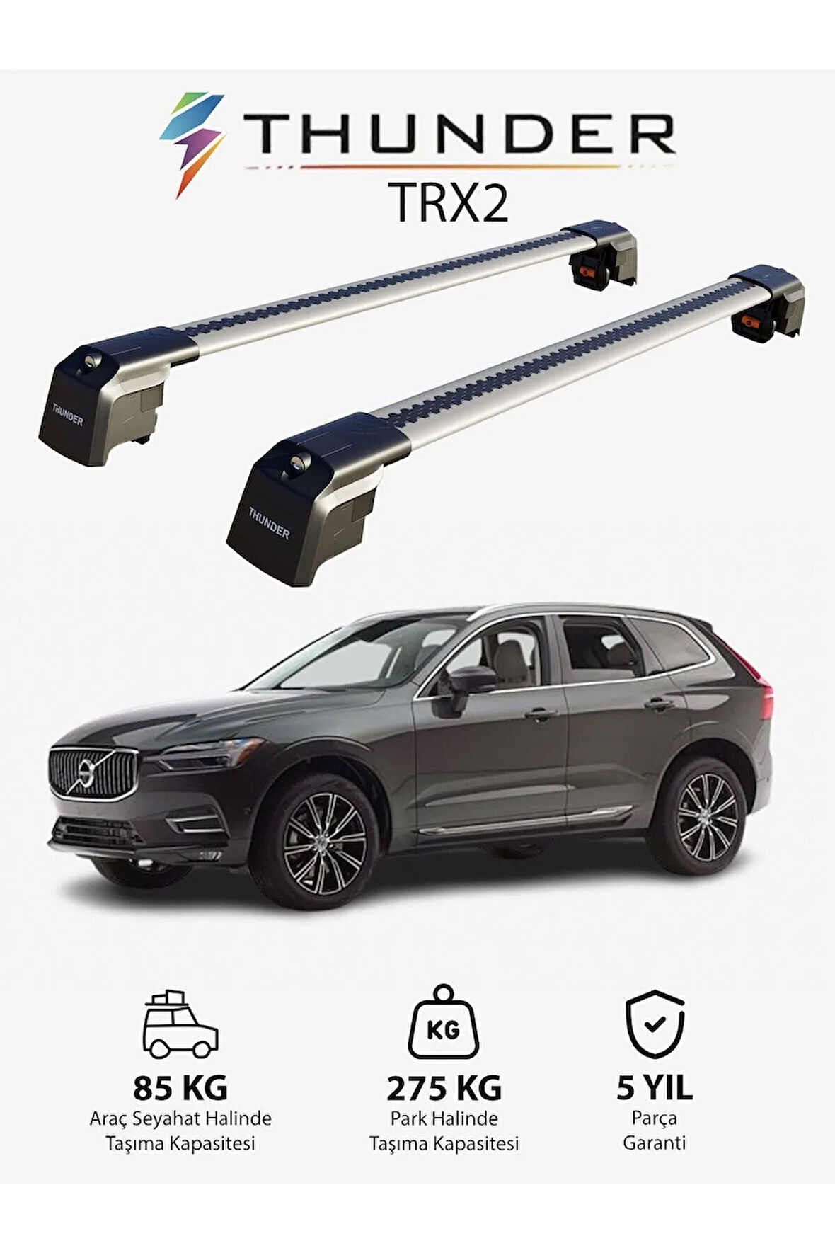 VOLVO XC60 2018-Sonrası TRX2 Thunder Carrier Kilitli Ara Atkı Taşıyıcı Tavan Barı Gri