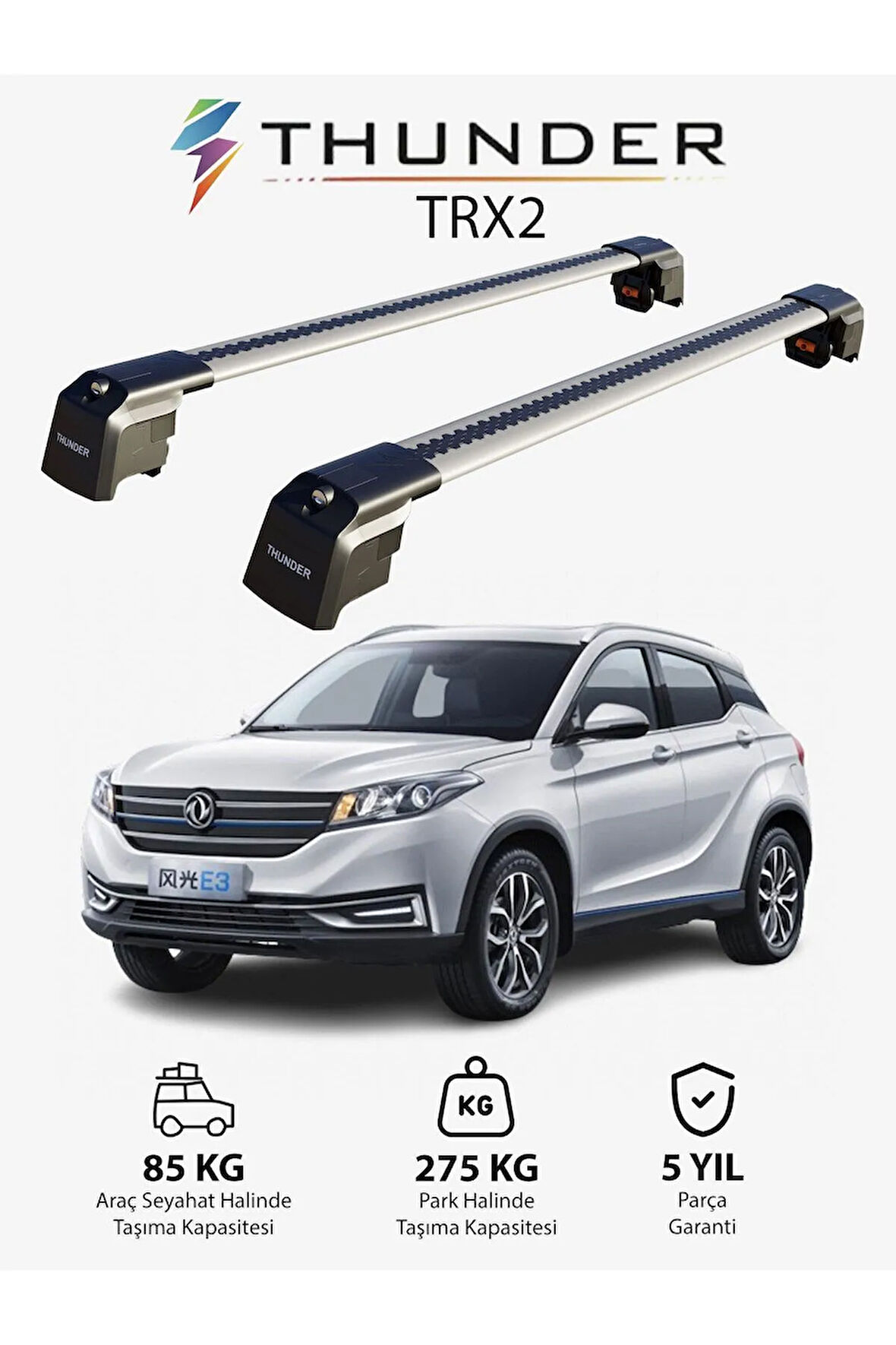 DONGFENG GLORY E3 2020-Sonrası TRX2 Thunder Carrier Kilitli Ara Atkı Taşıyıcı Tavan Barı Gri