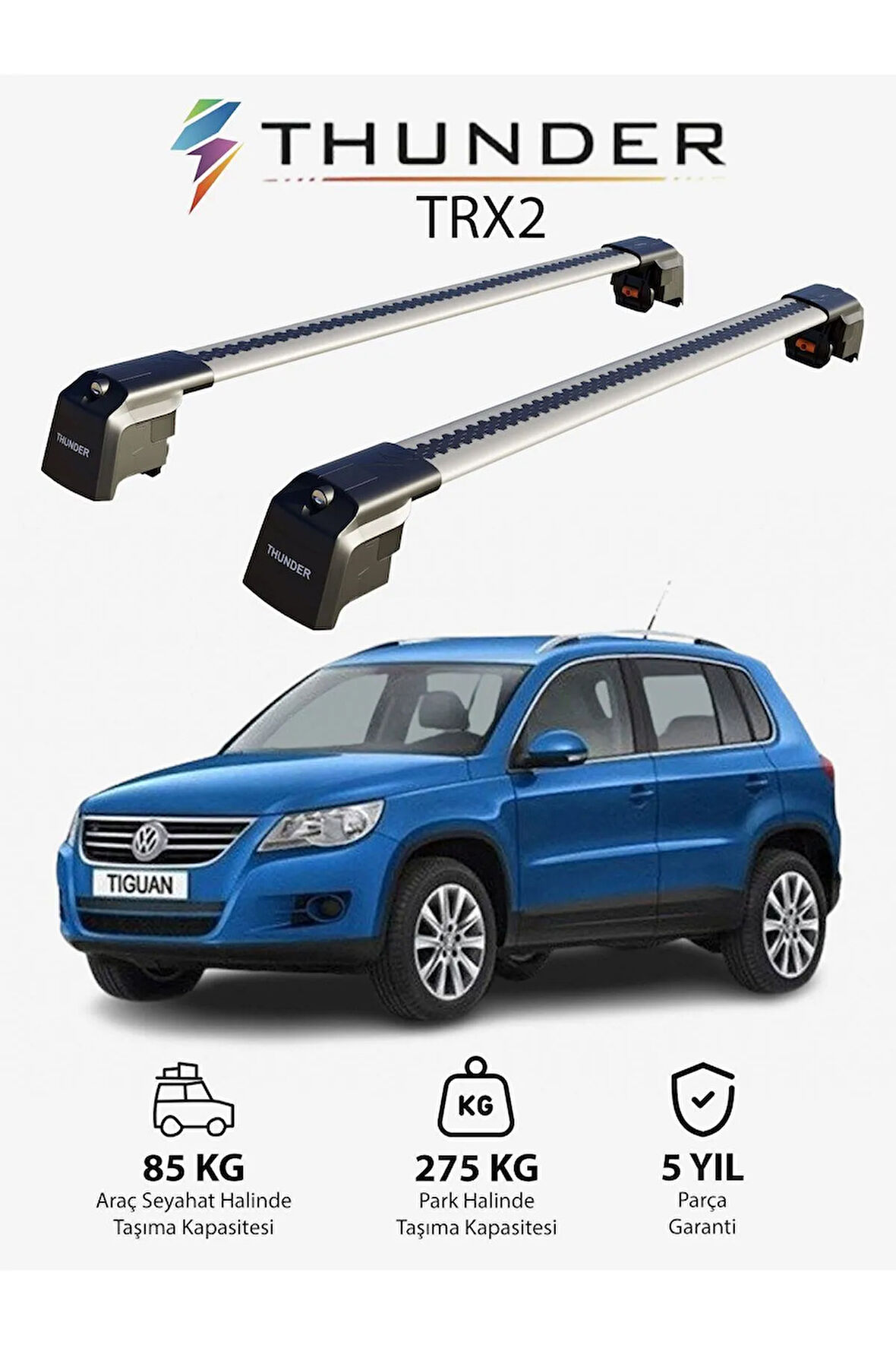 VOLKSWAGEN TIGUAN 2007-2016 TRX2 Thunder Carrier Kilitli Ara Atkı Taşıyıcı Tavan Barı Gri