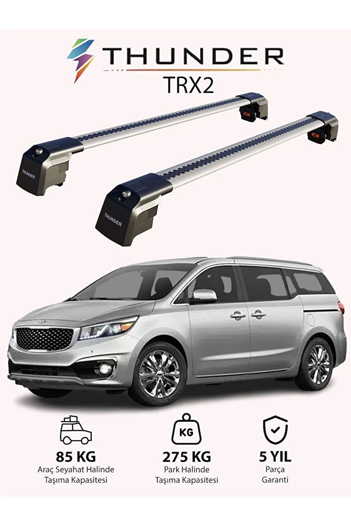 KIA CARNIVAL 2015-2020 TRX2 Thunder Carrier Kilitli Ara Atkı Taşıyıcı Tavan Barı Gri
