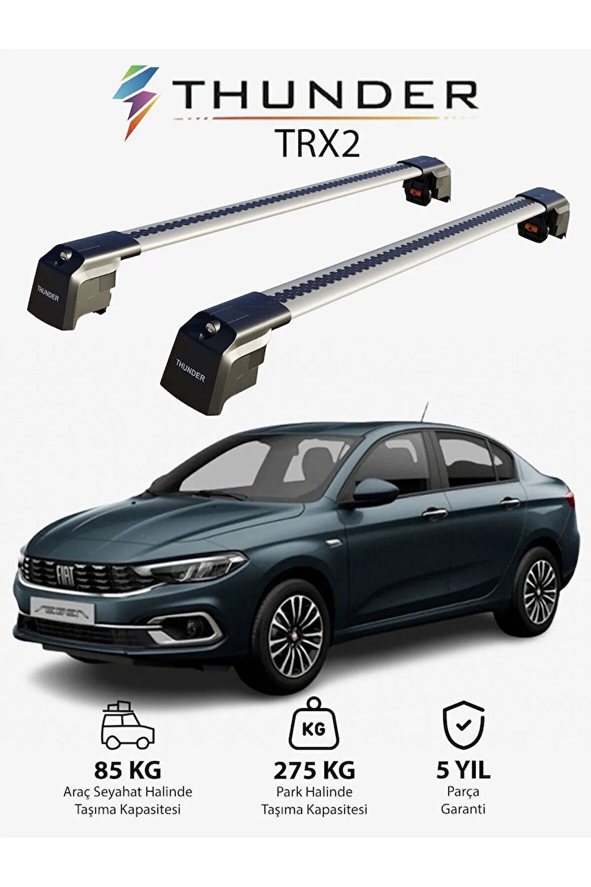 FIAT EGEA 2015-Sonrası TRX2 Thunder Carrier Kilitli Ara Atkı Taşıyıcı Tavan Barı Gri