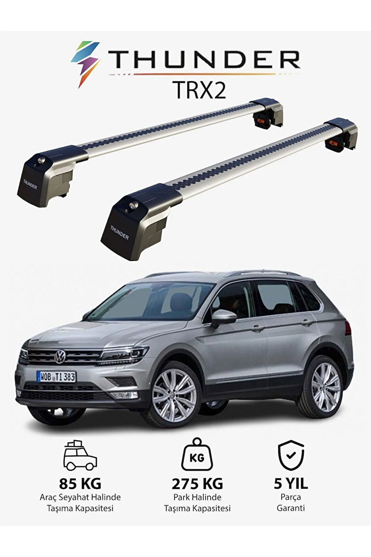 VOLKSWAGEN TIGUAN 2016-Sonrası TRX2 Thunder Carrier Kilitli Ara Atkı Taşıyıcı Tavan Barı Gri