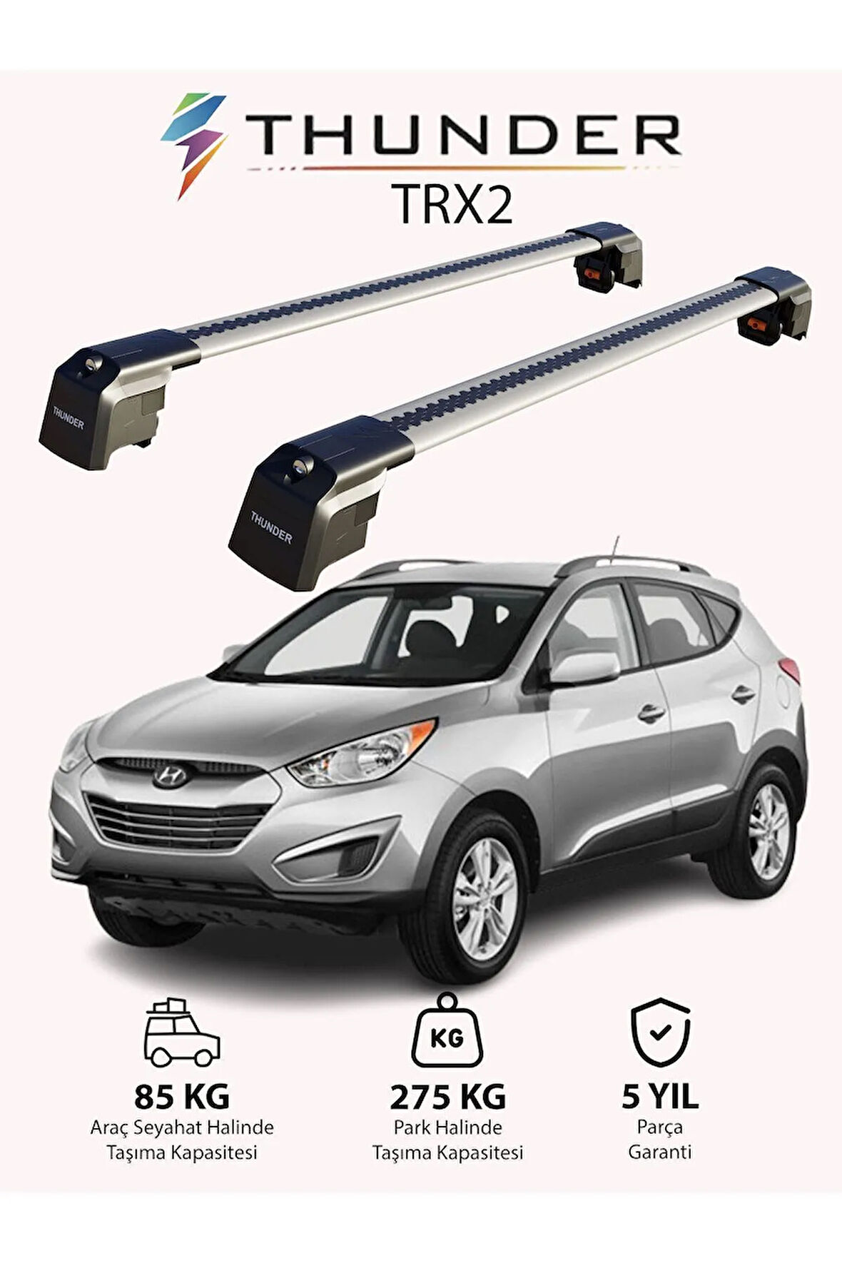 HYUNDAI TUCSON 2010-2015 TRX2 Thunder Carrier Kilitli Ara Atkı Taşıyıcı Tavan Barı Gri