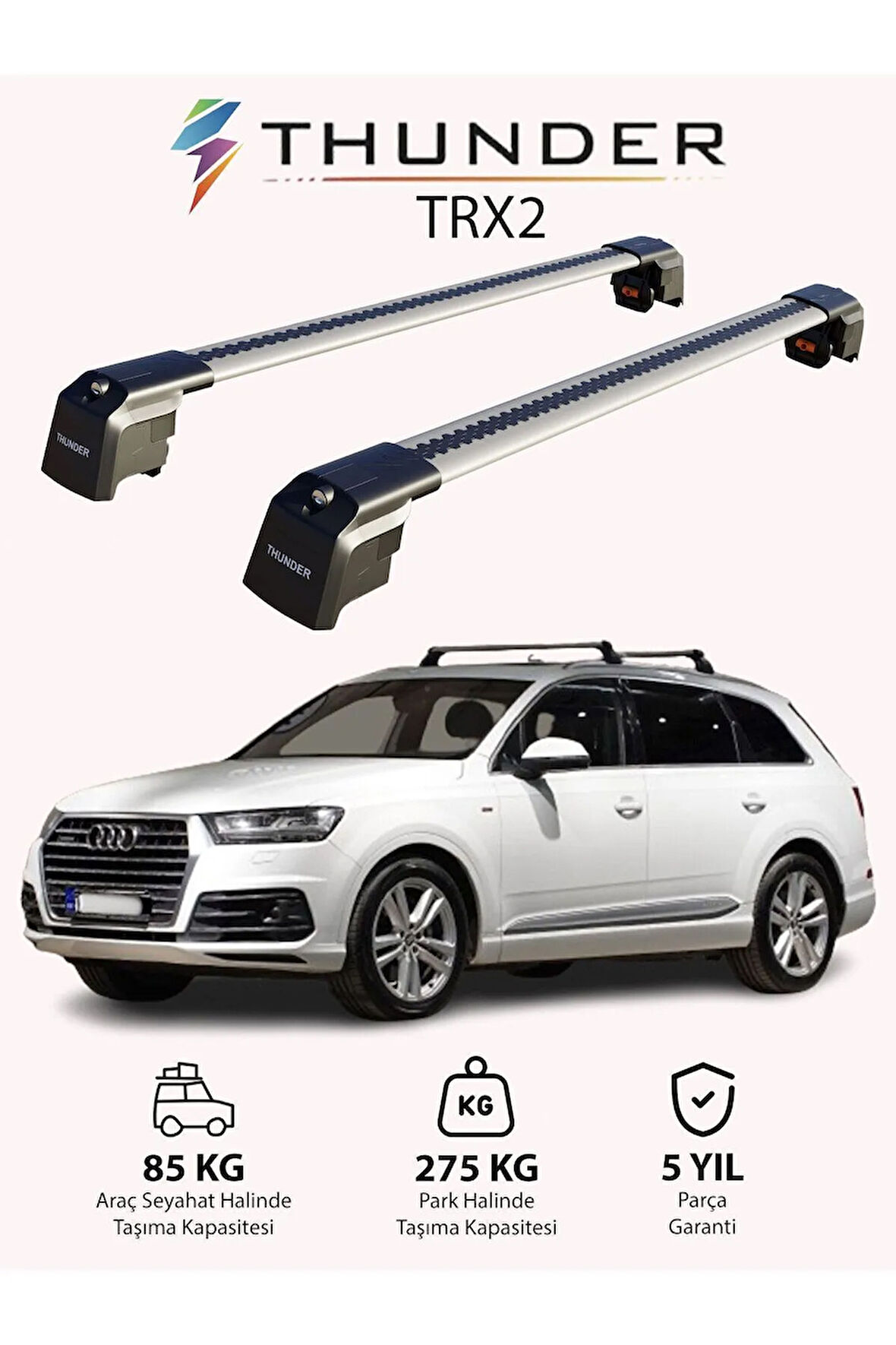 AUDI Q7 2016-Sonrası TRX2 Thunder Carrier Kilitli Ara Atkı Taşıyıcı Tavan Barı Gri