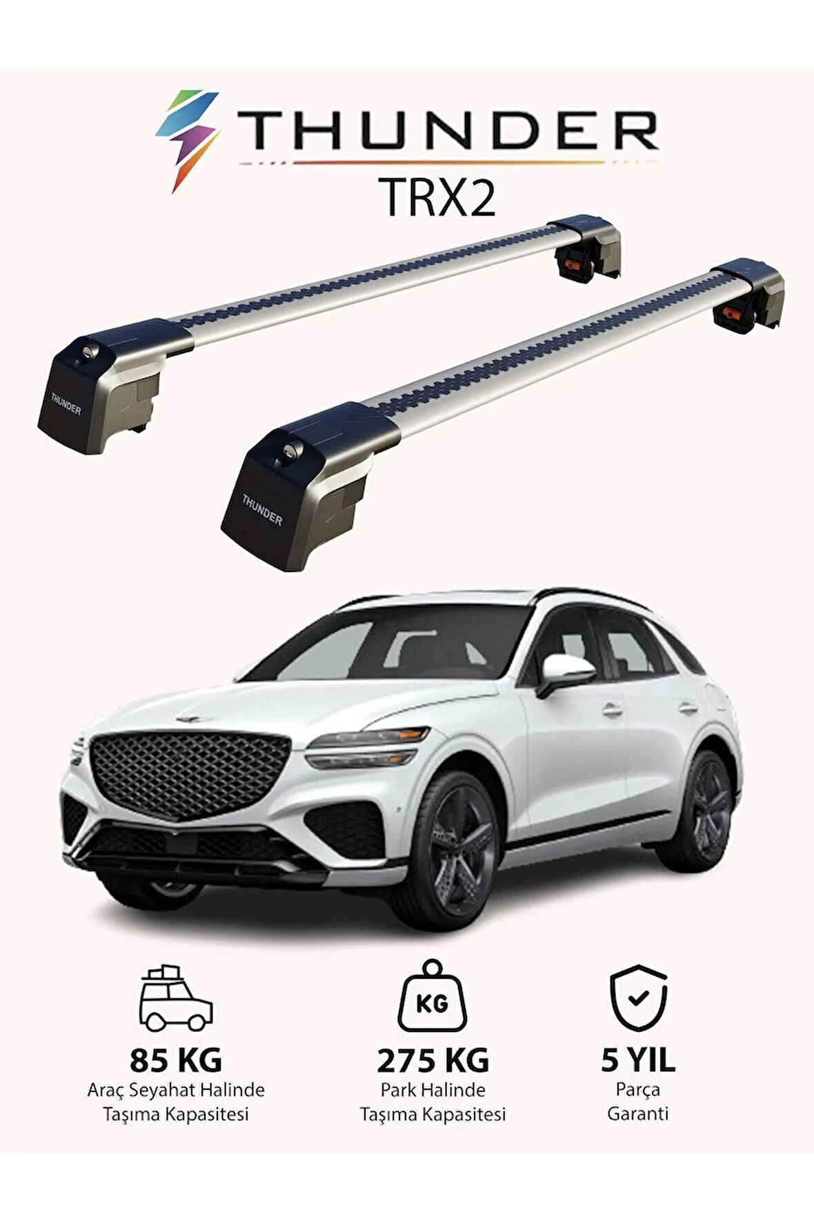 GENESIS GV70 2022-Sonrası TRX2 Thunder Carrier Kilitli Ara Atkı Taşıyıcı Tavan Barı Gri