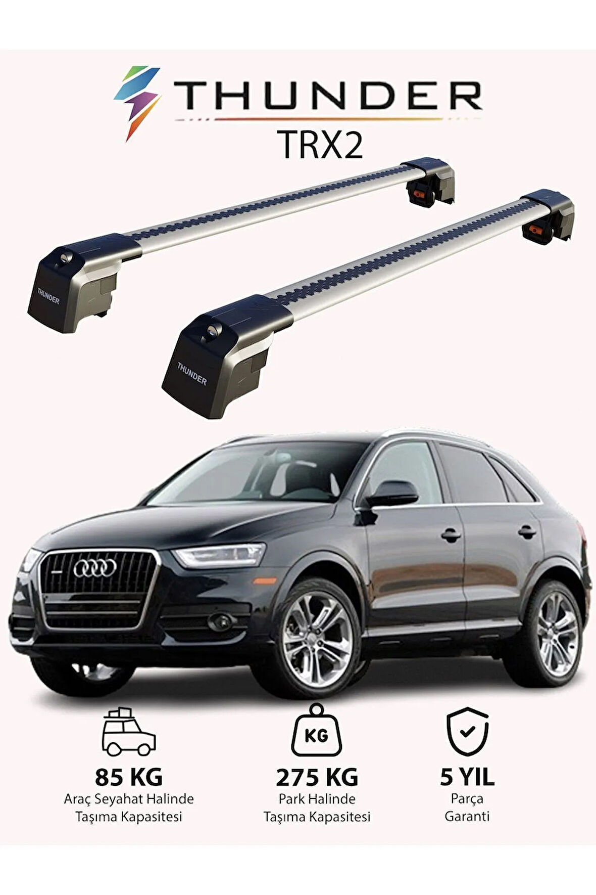 AUDI Q3 2012-2018 TRX2 Thunder Carrier Kilitli Ara Atkı Taşıyıcı Tavan Barı Gri