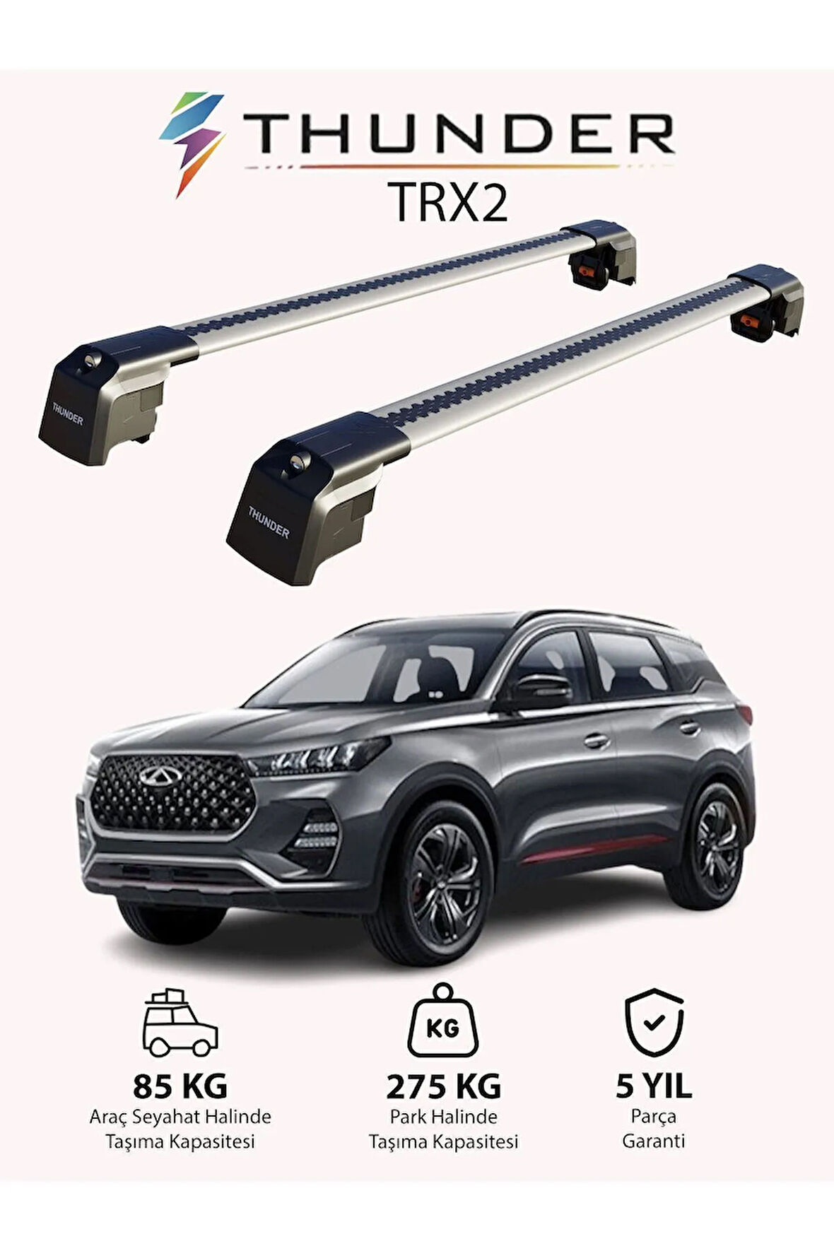 CHERY TIGGO 7 PRO 2020-Sonrası TRX2 Thunder Carrier Kilitli Ara Atkı Taşıyıcı Tavan Barı Gri