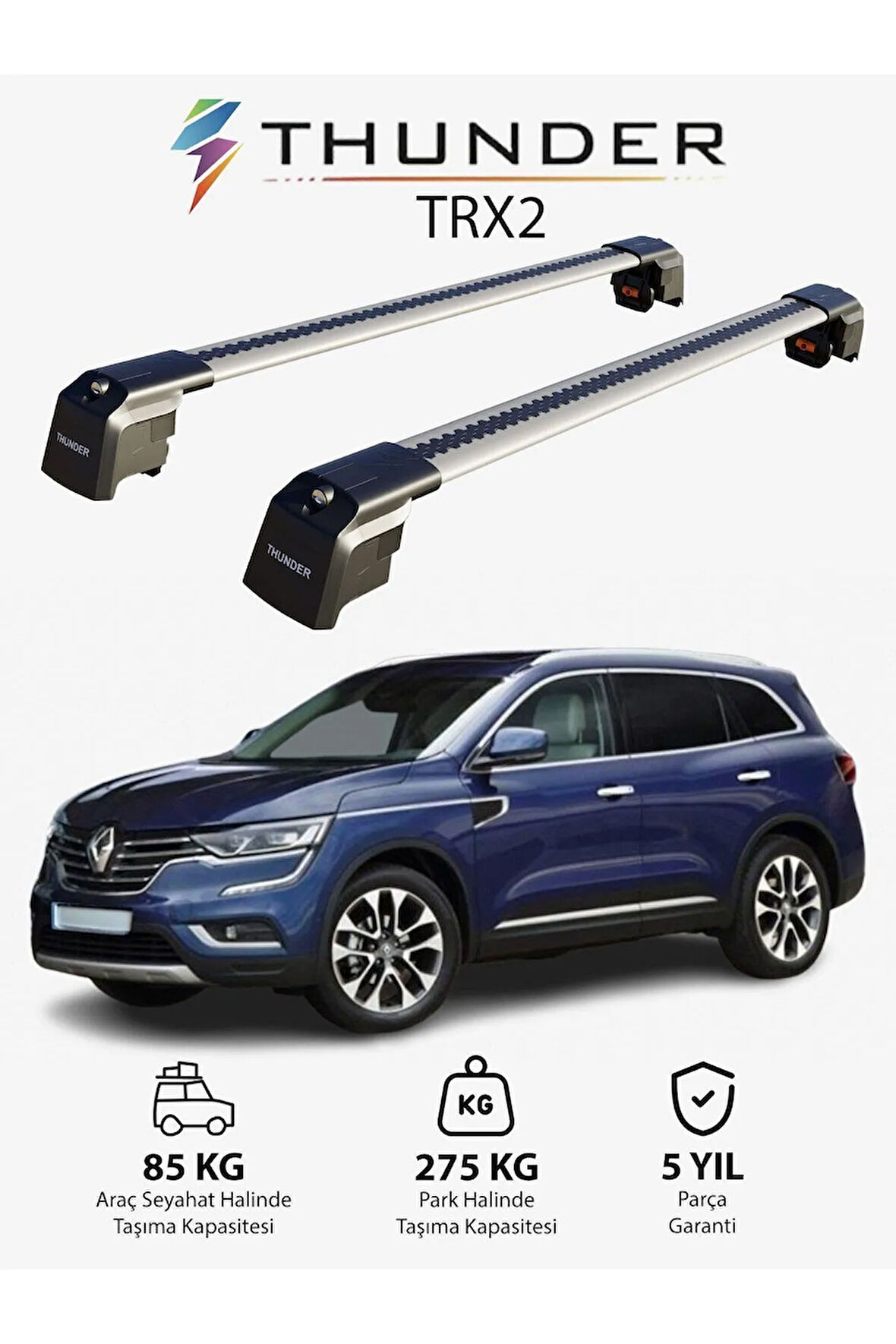 RENAULT KOLEOS 2017-Sonrası TRX2 Thunder Carrier Kilitli Ara Atkı Taşıyıcı Tavan Barı Gri