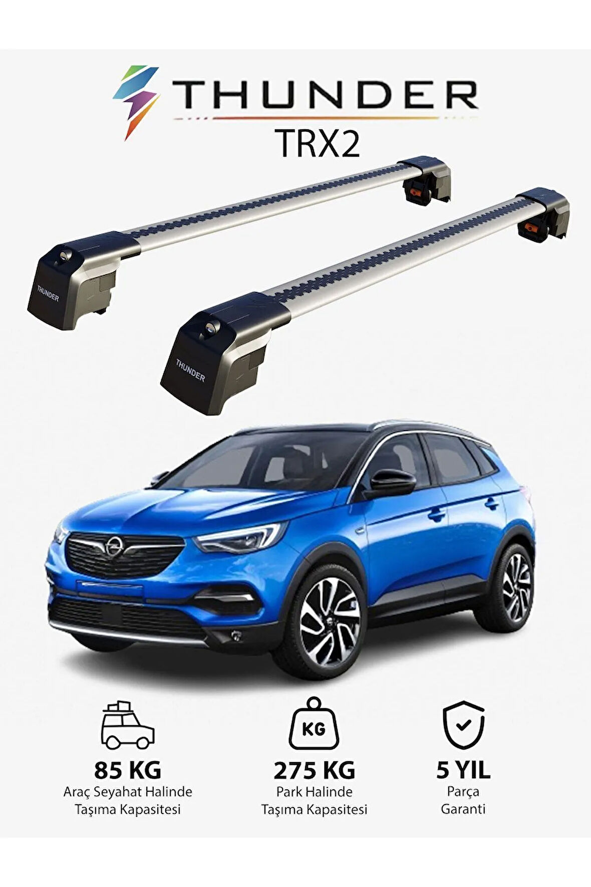 OPEL GRANDLAND X 2018-Sonrası TRX2 Thunder Carrier Kilitli Ara Atkı Taşıyıcı Tavan Barı Gri