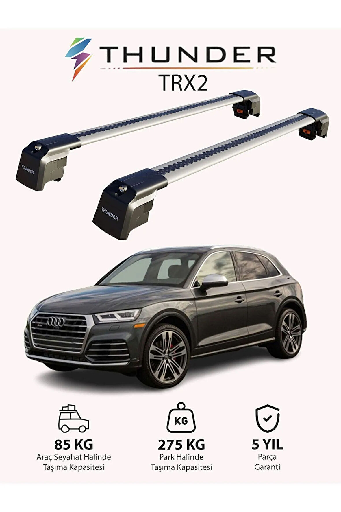 AUDI Q5 2018-Sonrası TRX2 Thunder Carrier Kilitli Ara Atkı Taşıyıcı Tavan Barı Gri