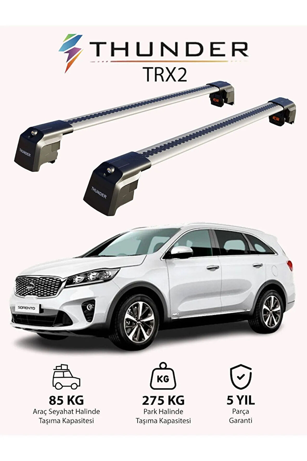 KIA SORENTO PRIME 2015-2020 TRX2 Thunder Carrier Kilitli Ara Atkı Taşıyıcı Tavan Barı Gri